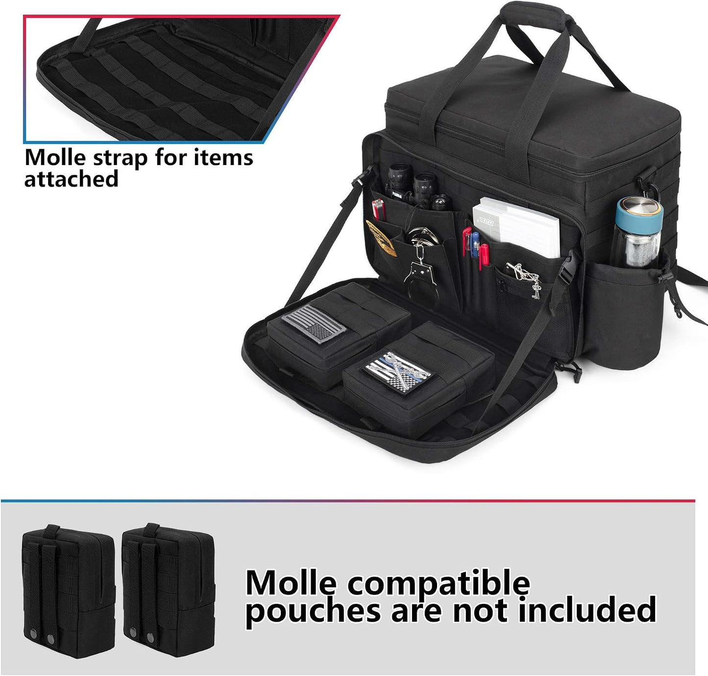 Trunab Patrol Bag Police Gear Car Front Seat Organizer for Law Enforcement Military Duty Bag with 15.6” Laptop Sleeve, Cups Holder, MOLLE Strips, Fits Vehicle Passenger Seat