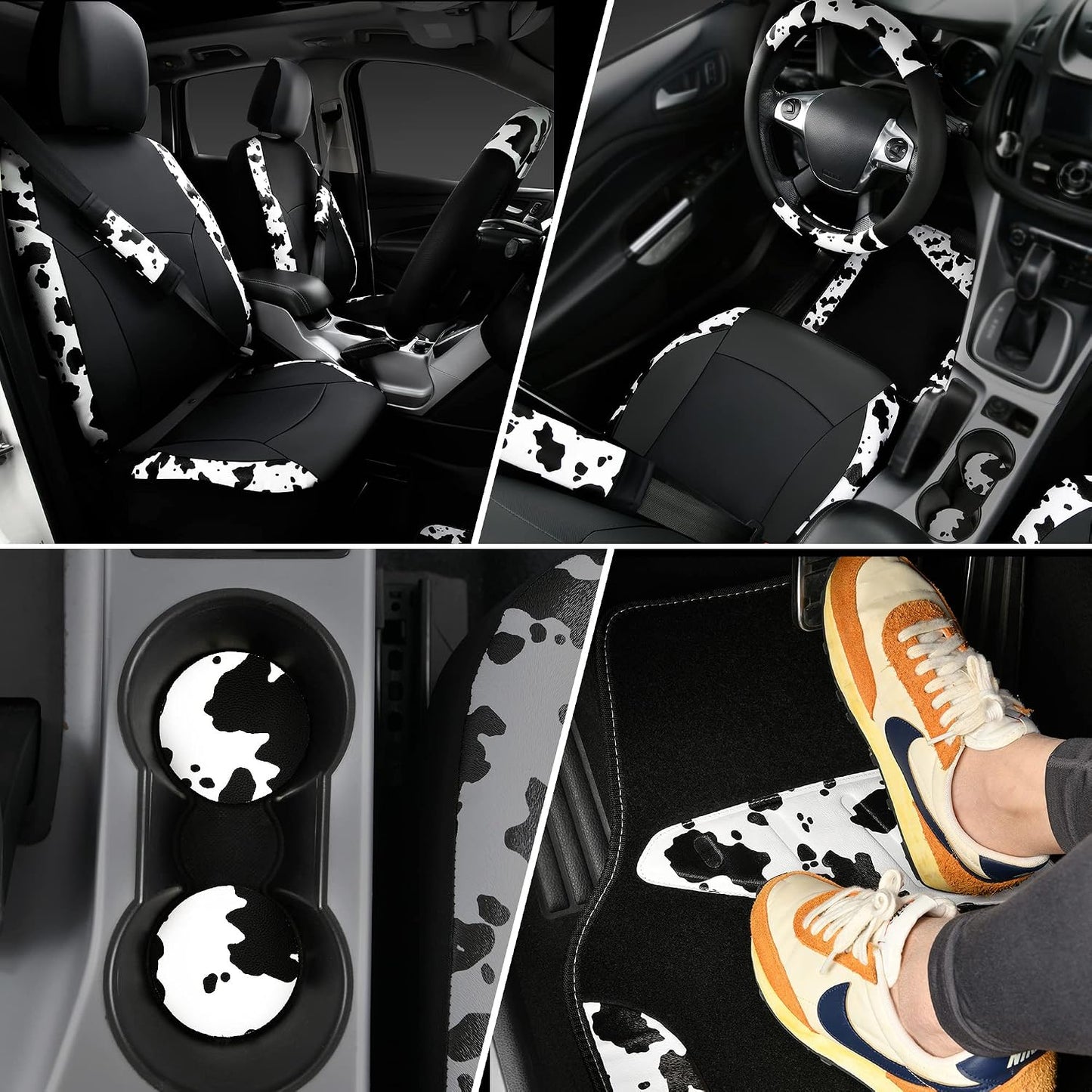 CAR-PASS Cow Print Car Accessories Sets Faux Leather Car Seat Covers & Cow Car Mats & Cow Steering Wheel Cover Seat Belt Pads Universal fit for SUV,Van,Saden,Truck Cute Automobile Interior Sets Women