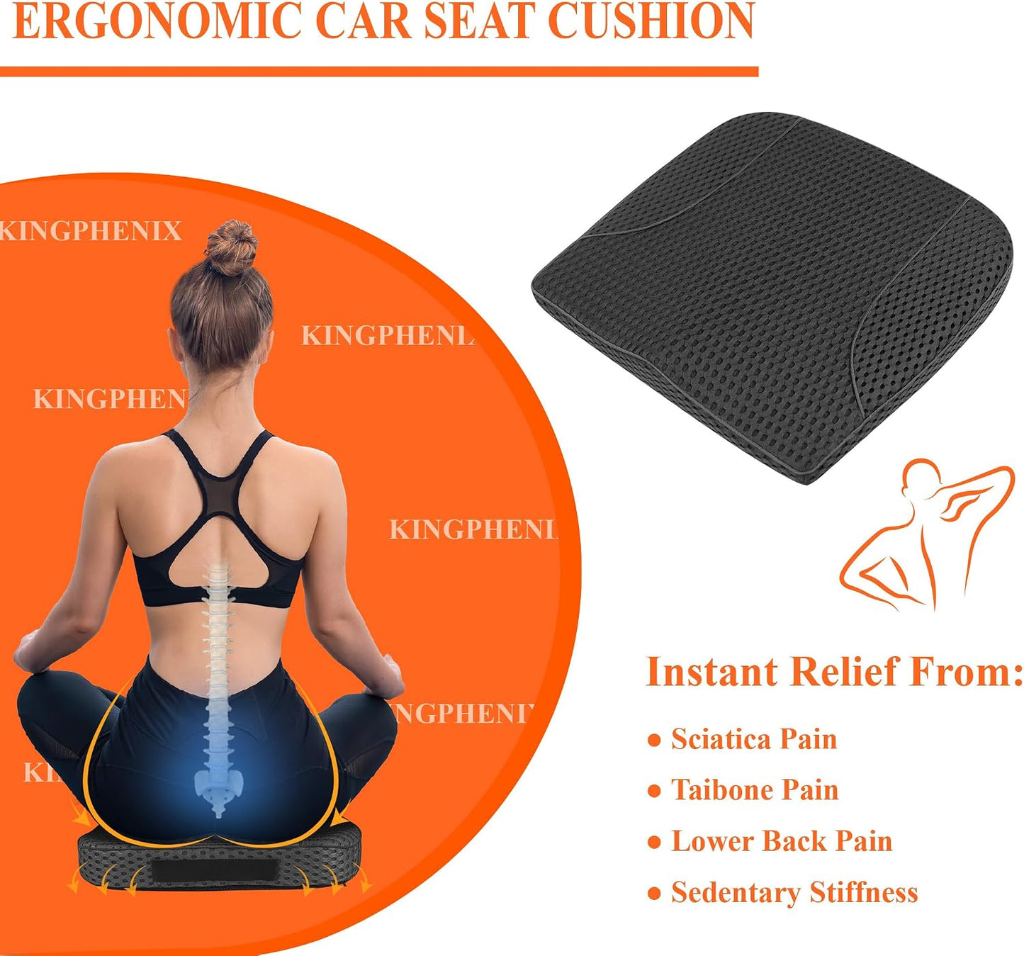 kingphenix Premium Car Seat Cushion, Memory Foam Driver Seat Cushion to Improve Driving View- Coccyx & Lower Back Pain Relief - Seat Cushion for Car, Truck, Office Chair (4D Mesh Black)