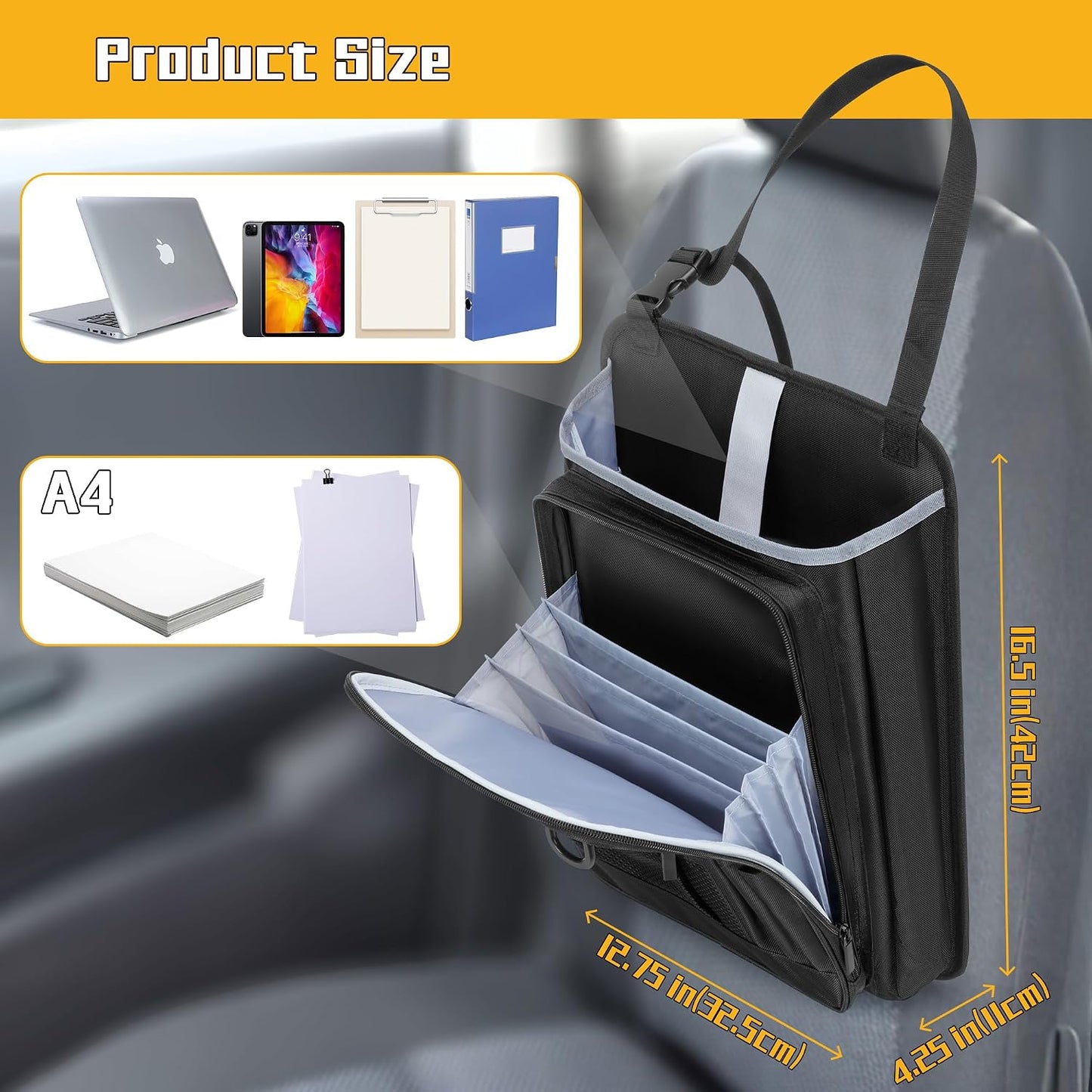 LUXJA Car Front Seat Organizer with Accordion File Pocket, Passenger Seat Organizer with Laptop Sleeve (Up to 15.6 In) and Adjustable Strap, Black