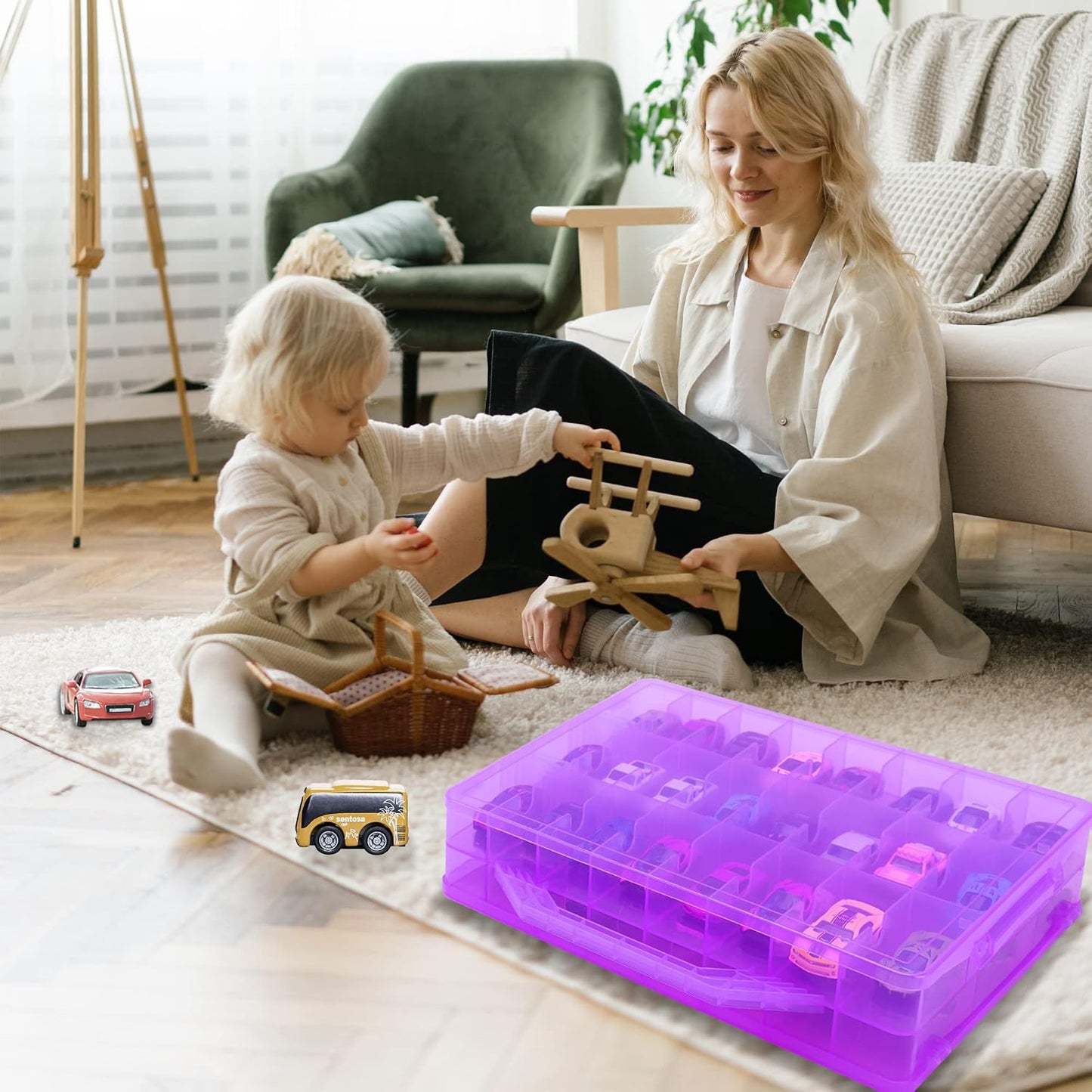 Double Sided Toy Car Storage Case for 48 Toy Cars, Matchbox Cars, Mini Toys, Small Dolls, Portable Transparent Storage Case for Toy Cars, Matchbox Cars with 48 Compartments, Case Only