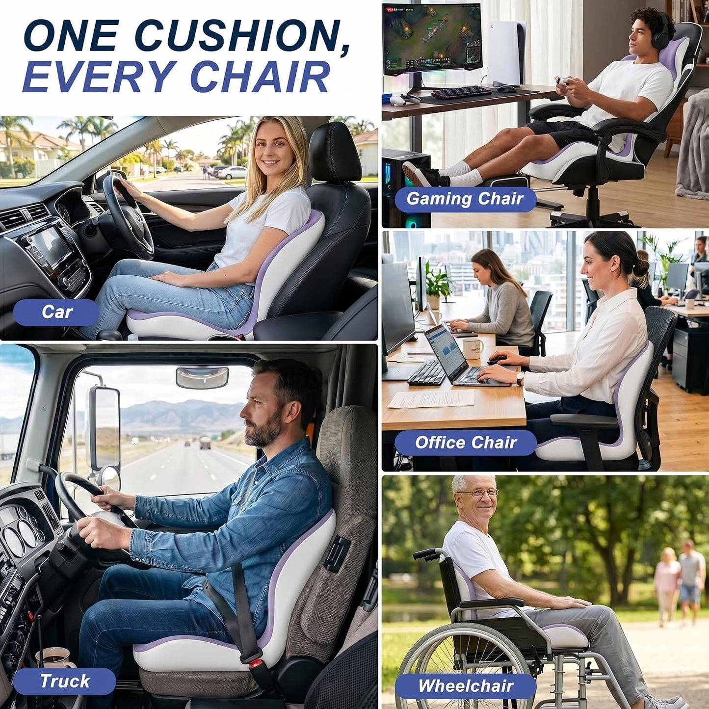 Seat Cushion for Office Chair and Car, Ergonomic Memory Foam Seat Cushion with Lumbar Support Pillow, Orthopedic Cushion for Sciatica & Back Pain, Purple & Light Gray