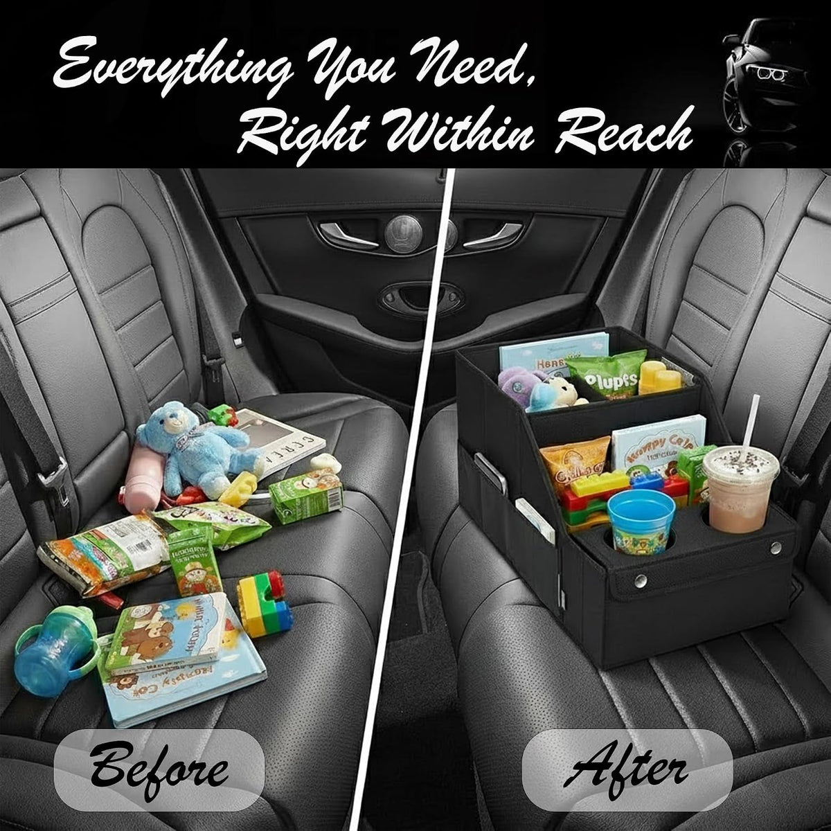Heavy Duty Back Seat Car Organizer with 11 Adjustable Storage Compartments and 2 Collapsible Cup Holders - Car Seat Organizer for Kids, Travel, Camping & Household Storage