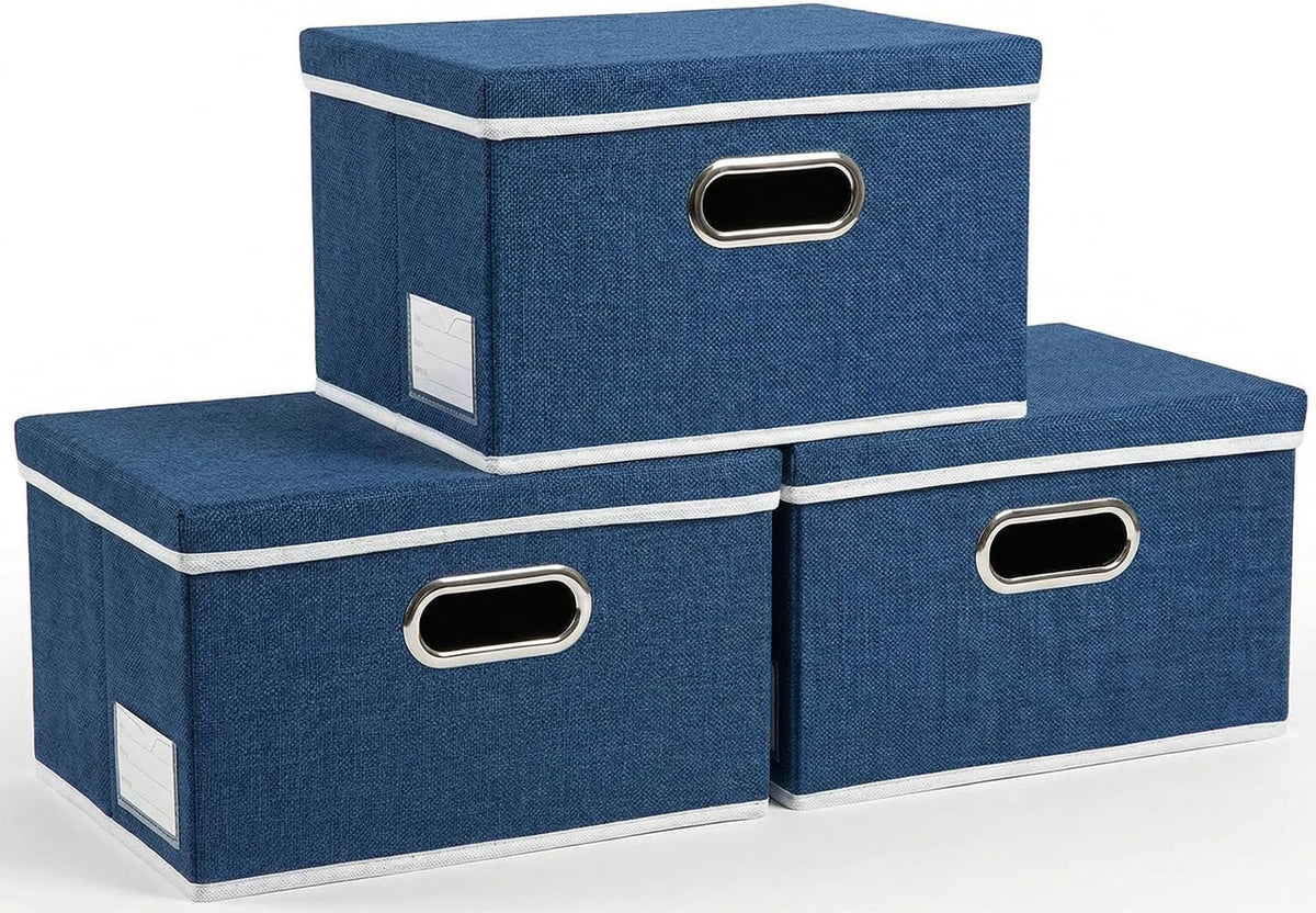 PRANDOM Storage Bins with Lids [3-Pack] Linen Fabric Foldable Storage Boxes Organizer Containers Baskets Cube with Cover for Bedroom Closet Office Royal Blue（11.4X8.6X6.7