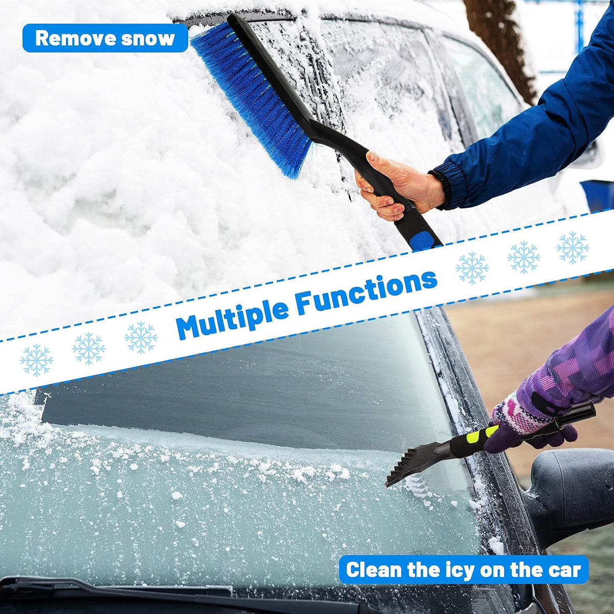 Nuenen 3 Pcs Snow Brush and Ice Scrapers for Car Detachable with Foam Grip Detachable Bristle Snow Mover Ice Scraper No Scratch for Winter Cars Windshield Trucks SUV, Green Orange Blue