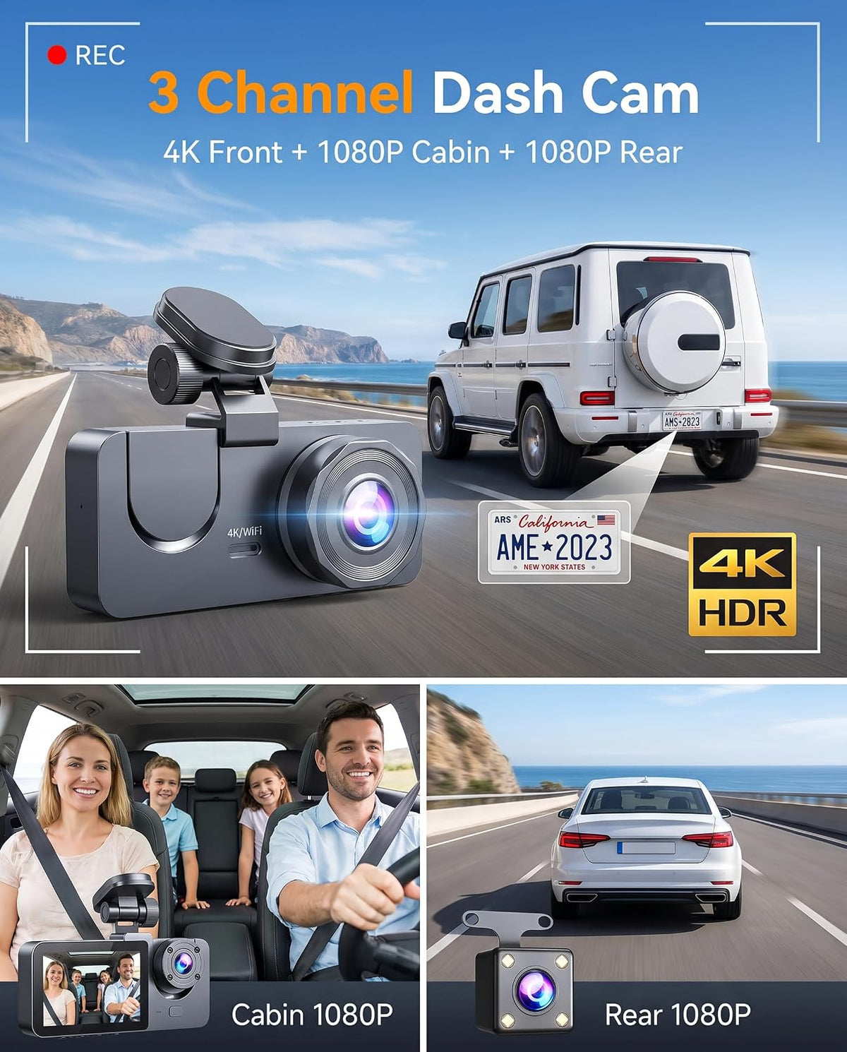 Dash Cam Front and Rear Inside, 4K Full HD 3 Channel Dash Camera for Car