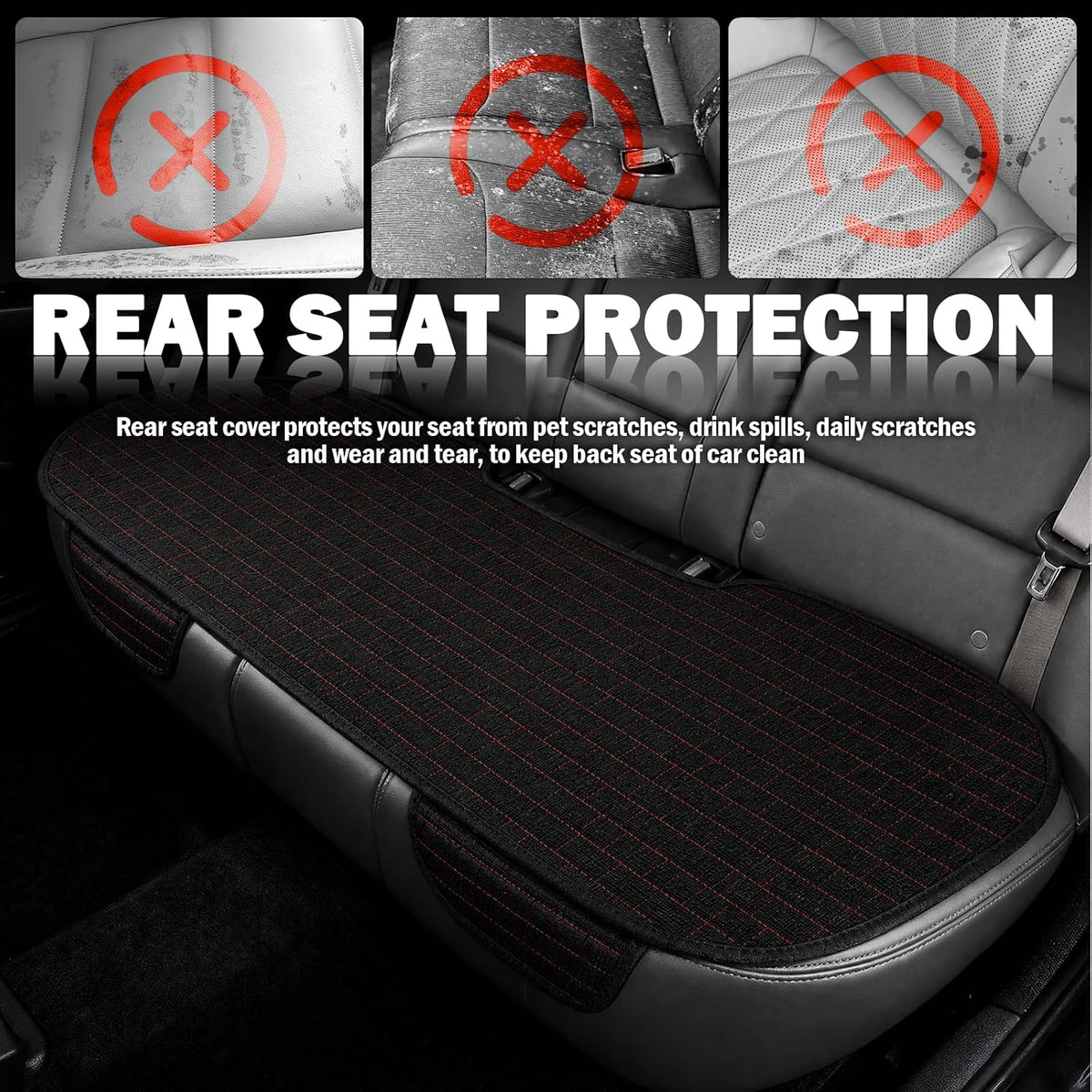 Car Back Seat Cover with Side Pockets,Breathable & All-Season Bench Seat Cover for Back Seats Protection,Anti-Slip Backs Seats Protector Car Interior Accessories for Cars,SUVs (Rear Seat/BlackRed)