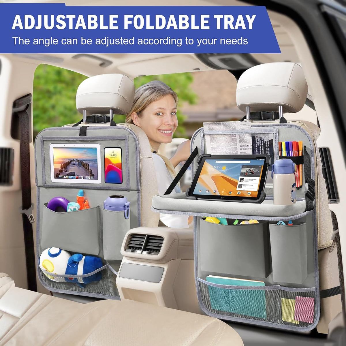 2Pack Car Backseat Organizer with Foldable Table Tray Grey