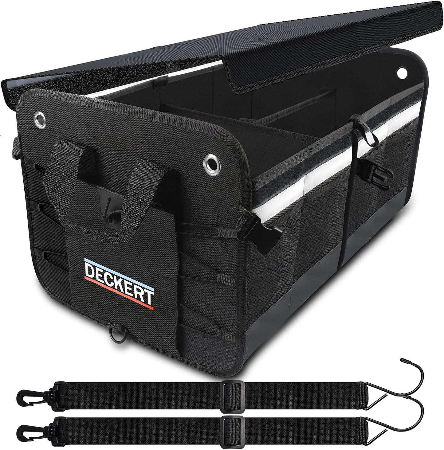 Deckert Large Size 61L Car SUV Trunk Organizer, 600D Oxford Polyester, Collapsible, Multi compartments, Securing straps, Suitable for any car type, Black with Reflective Stripes