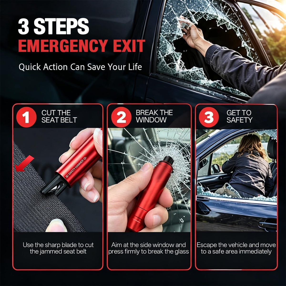 2 in 1 Emergency Escape Tool, Life Saving Car Window Breaker Under Water & Seatbelt Cutter - Car Window Hammer for Quick Accident Aid & Safety on The Go with Seat Belt Cutter, Red&Black