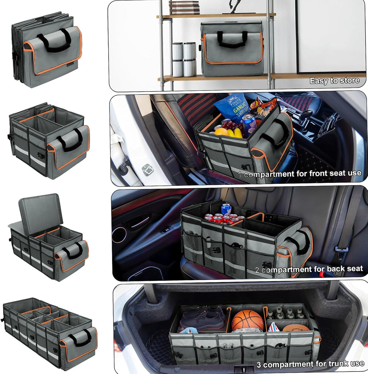 GDNasist Car Trunk Organizer and Storage with Removable Leakproof Cooler Bag, 6 Removable Dividers for Custom Space, Collapsible Trunk Storage with Non Slip Bottom, Foldable Cover for SUV, Jeep, MPVs