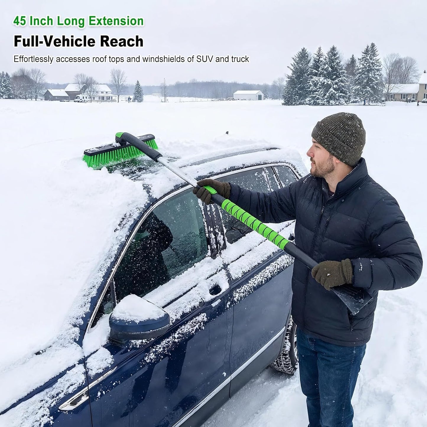 SEAAES 45 Inch Snow Brush with 5.2" Extra Wide Ice Scraper for Car, Extendable Snow Scraper with Foam Grip, 360° Pivoting Brush for SUV Truck Jeep Vehicle Windshield Window - Green