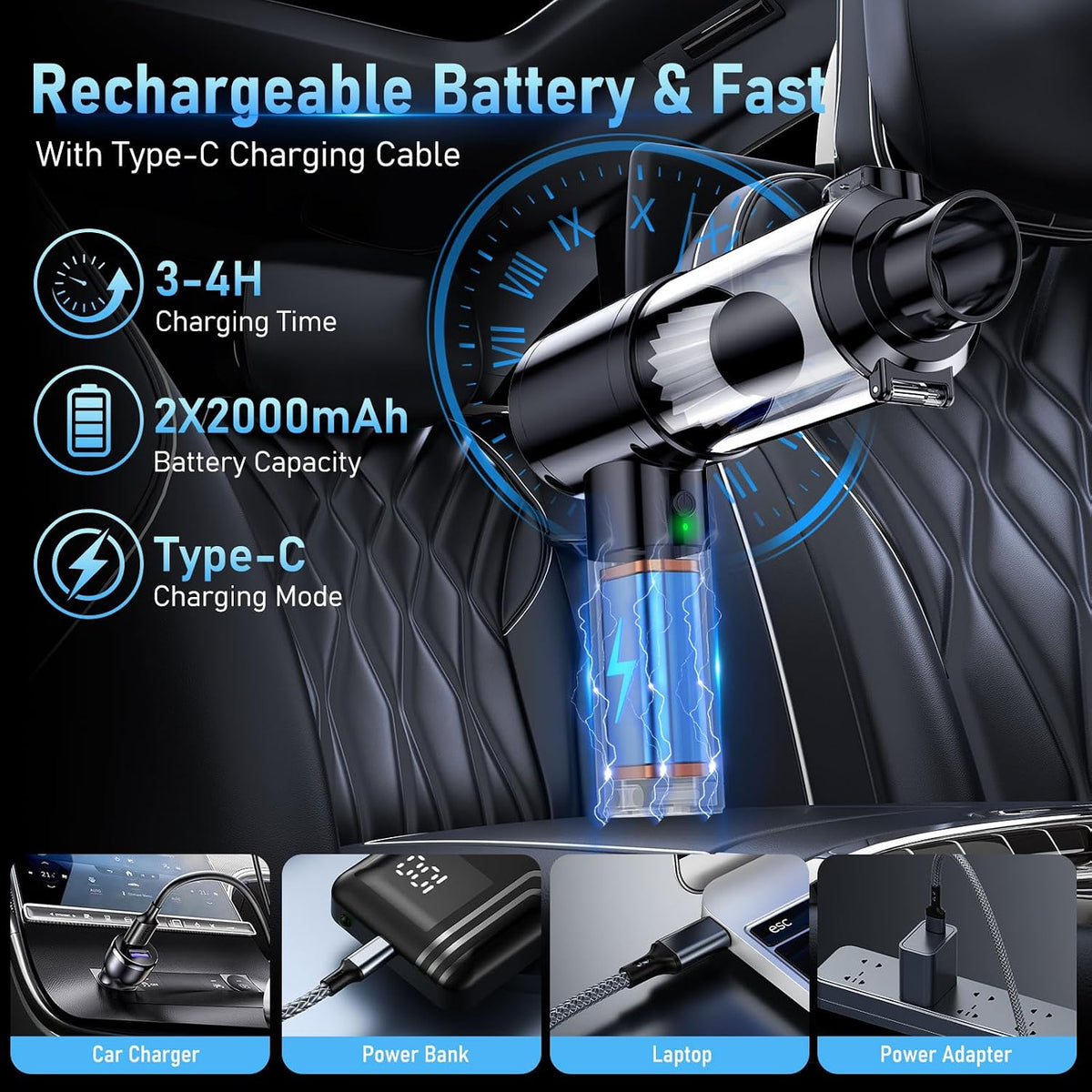 Car Vacuum Portable Cordless, 35000Pa High Power Brushless Motor Handheld Vacuum, 6-in-1 Rechargeable Mini Cleaner with Air Duster for Car, Home, Pet Hair, Keyboard, Grey