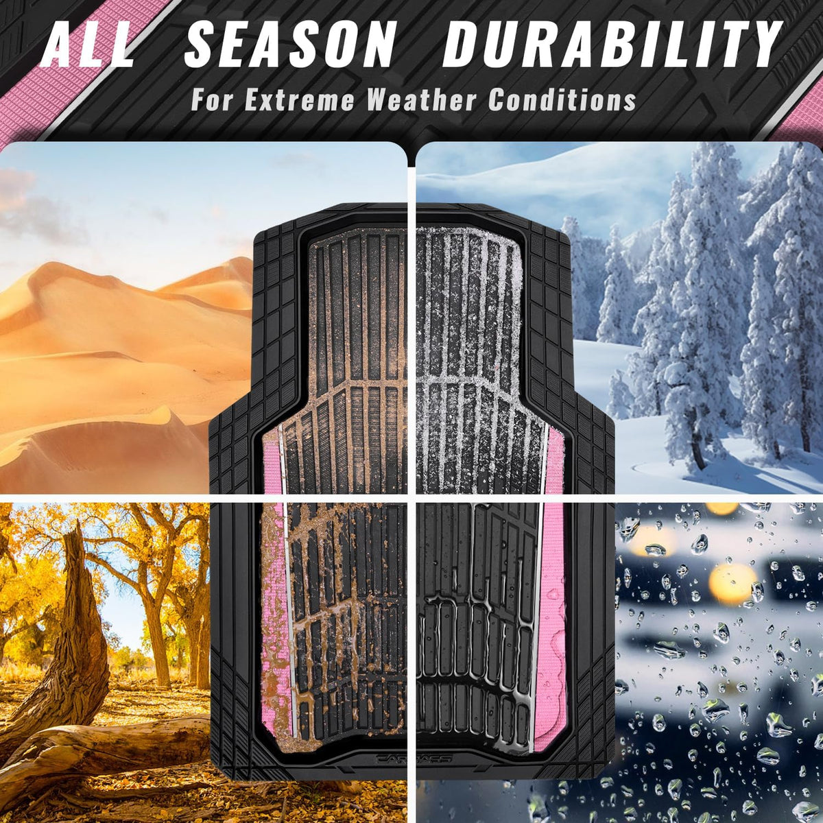 CAR PASS Heavy Duty Rubber Car Floor Mats, Deep Waterproof Car Floor Mats All Weather, Aluminum Film Floor Mats for Cars Non-Slip Universal Trim to Fit for SUVs Trucks Sedans Vans, Black Pink Metallic