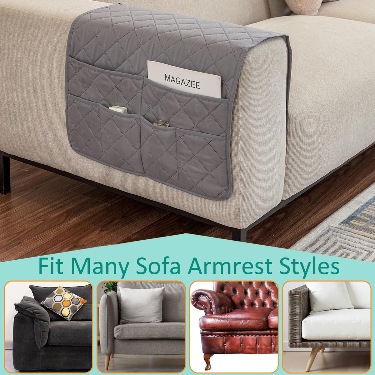 Remote Control Holder for Recliner Non-Slip Armchair Caddy Couch Armrest Organizer, Arm Chair Bedside Caddy Storage Organizer for Recliner Couch With 6 Pockets for Magazine, Tablet, Phone, iPad (Grey)