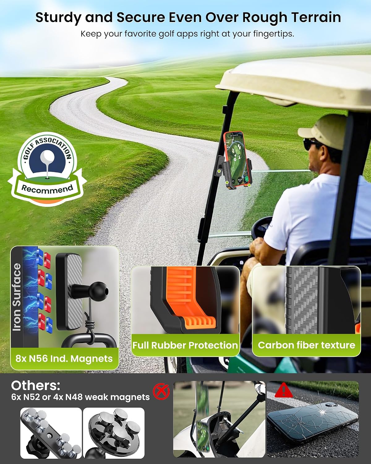 Magnetic Golf Cart Phone Holder,8 N56 Strong Magnet,1s Lock/Release | Golf Gifts for Men Dad Father Husband Him Golfer, Golf Accessories Essentials Gadgets Phone Mount Fits Club Car, EZGO, Yamaha
