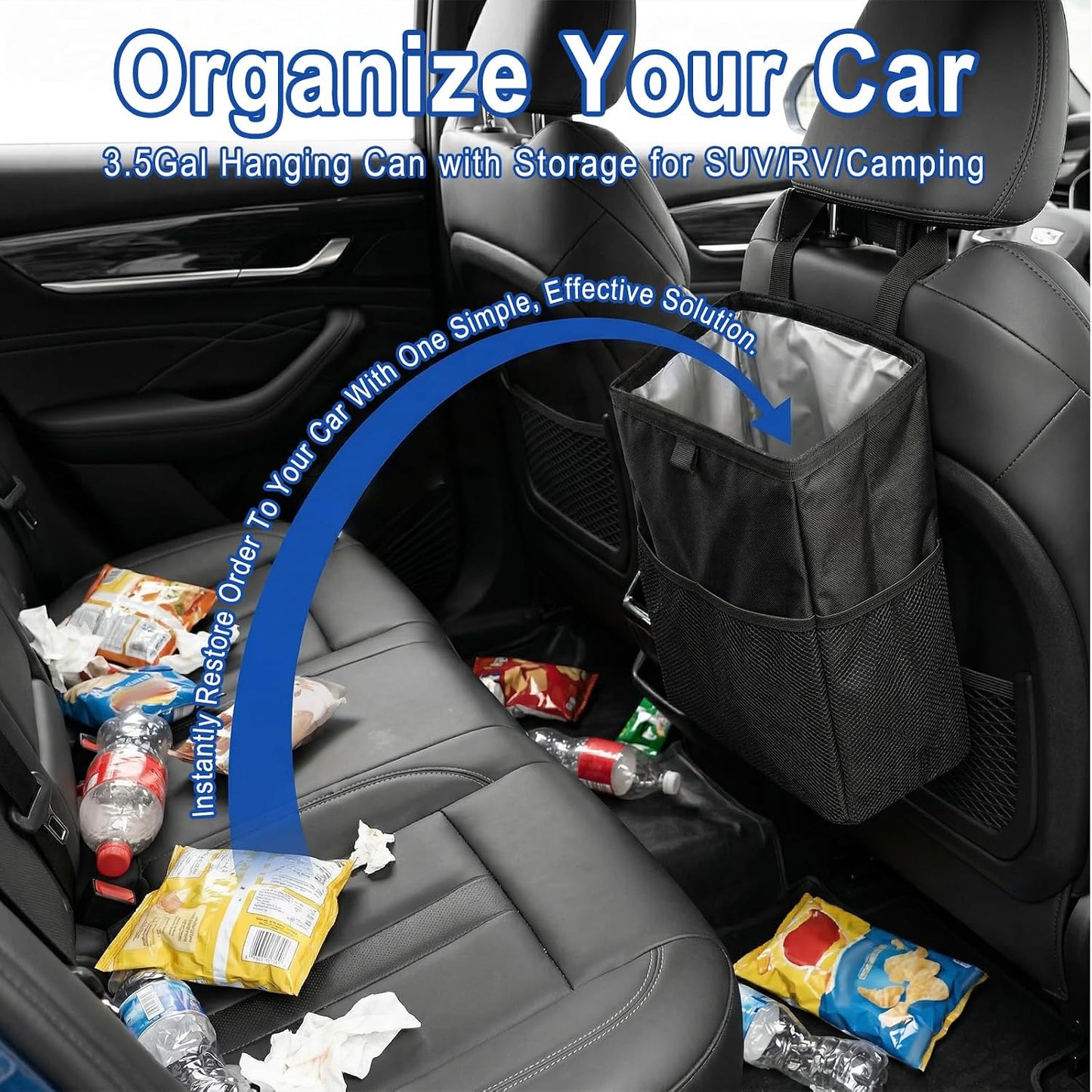 Waterproof Car Trash Bag with 50 Garbage Bag, 3.5 Gallon Hanging Leak-Proof Car Garbage Can for Back Seat with Storage Pockets, Foldable Hanging Trash Bin for Camping & Road Trips (Black)