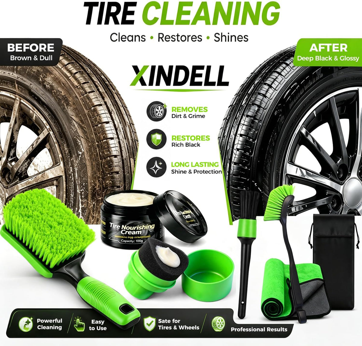 XINDELL Wheel & Tire Cleaning Kit, Deep-Reach Wheel Brush Set for Rims, Spokes, Lug Nuts and Tire Sidewalls, Scratch-Safe Car Detailing Tools with Covered Tire Shine Applicator