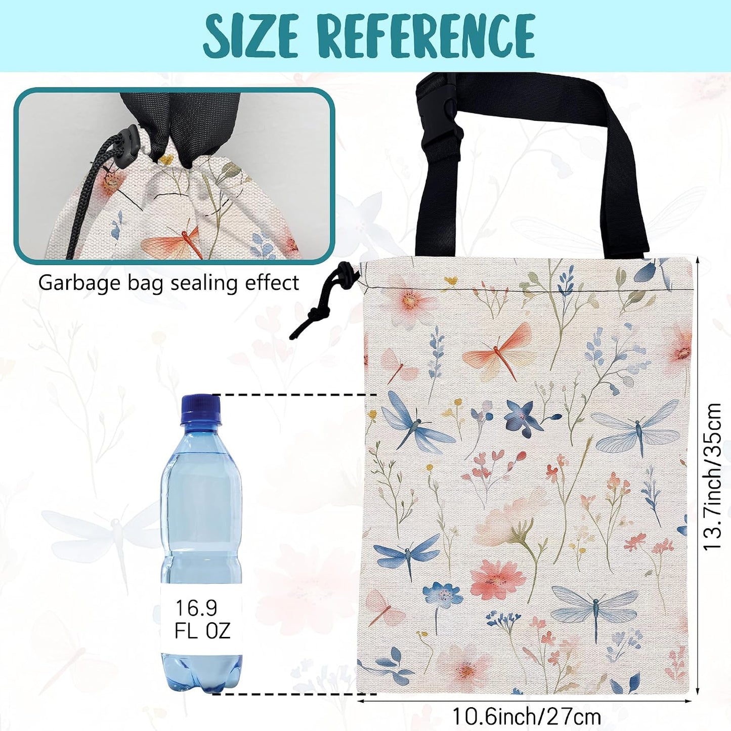 Car Garbage Bag Watercolor Flowers and Dragonflies Hanging Canvas Car Trash Bag Drawstring Car Back Seat Organizer for Car Back Front Seat Console with Adjustable Buckle