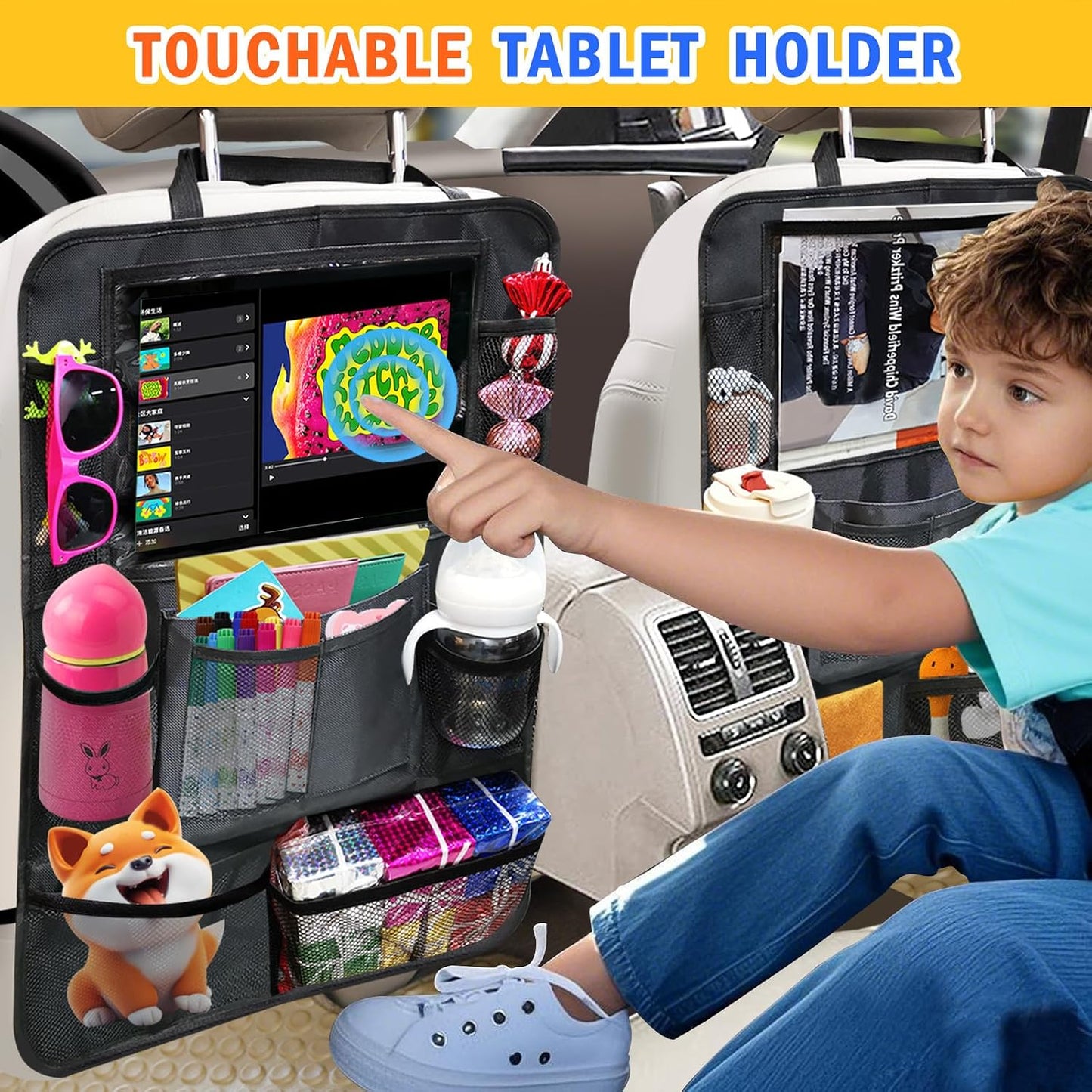 Backseat Organizer for Car, 2 PCS Seat Back Cover for Kids Toddlers with 10 Storage Pockets & 11″ Tablet Holder, Waterproof Back Seat Protector for Snacks Toys, Travel Accessories