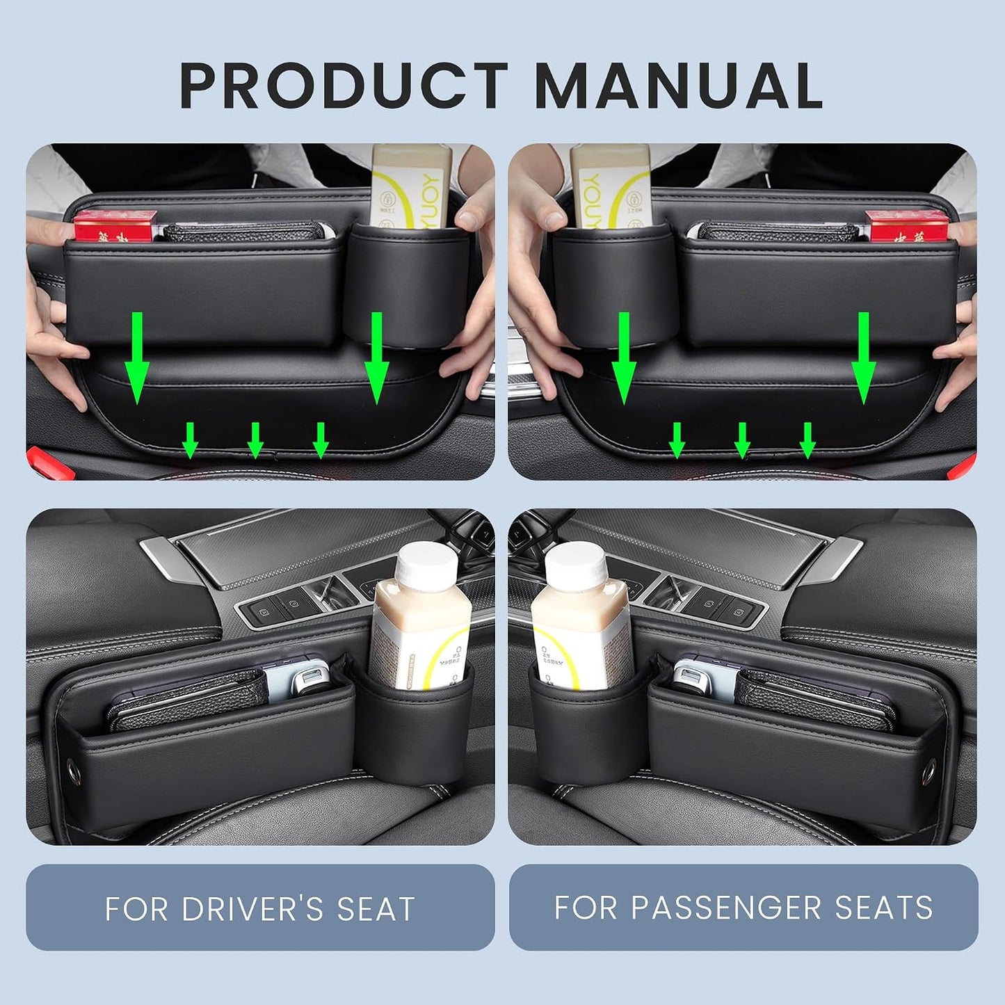 2 Packs Universal Fit Car Seat Gap Filler Organizer, Premium Leather Anti-Drop Car Side Gap Storage with Cup Holder for Phone, Keys, Sunglasses & Drinks (Black)