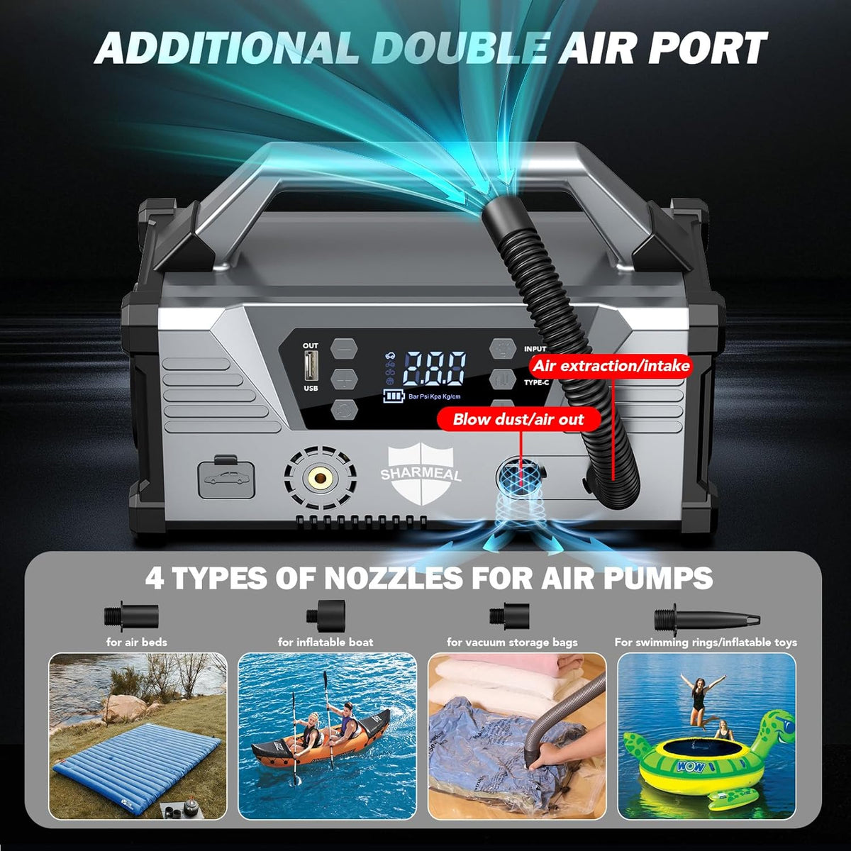 Sharmeal Jump Starter 9000A Car Jump Starter with Air Compressor, Car Battery Jump Starter (All Gas/12.0L Diesel), 200PSI Car Battery Jumper Starter Portable 12V Jump Box with Jumper Cables, LED Light