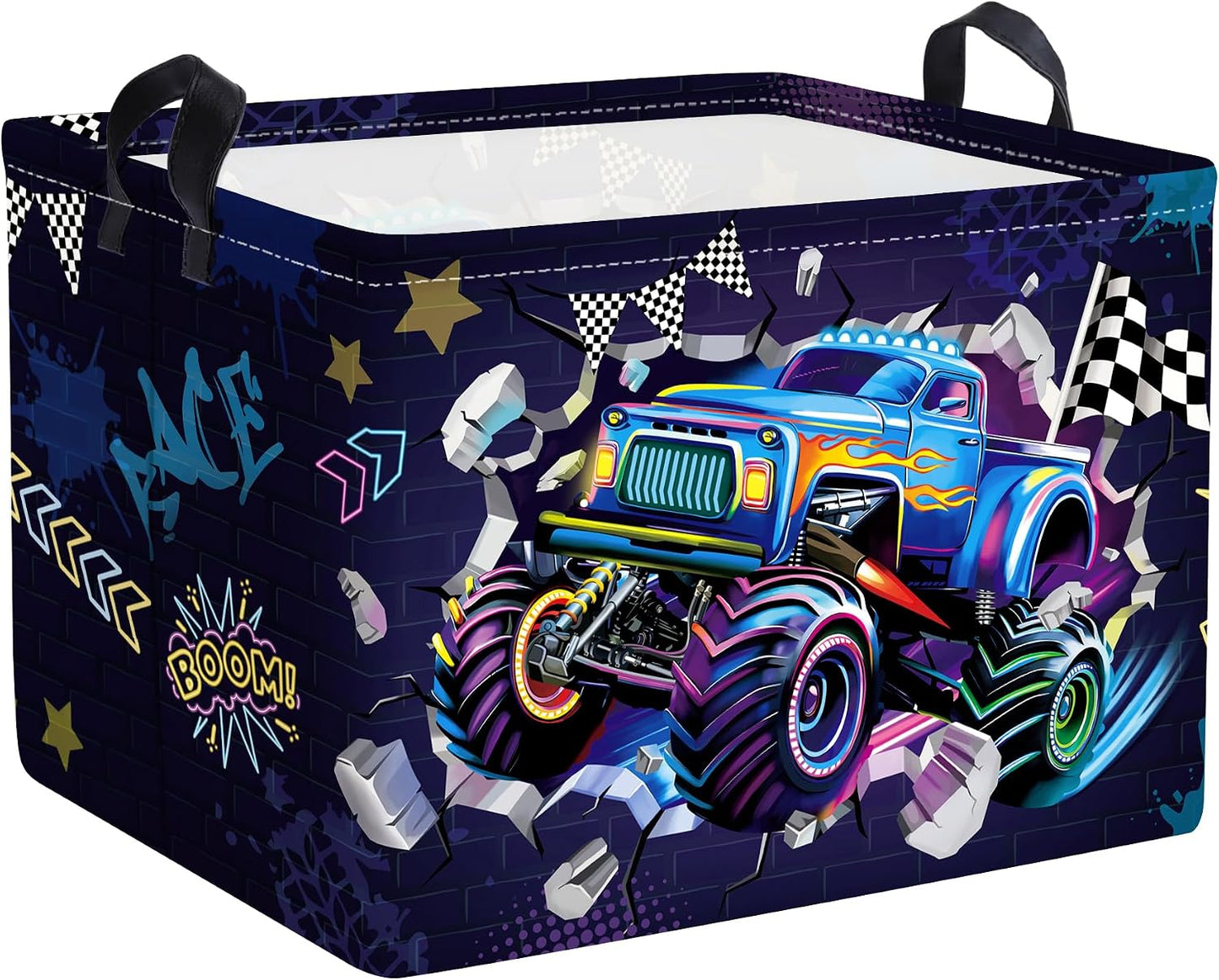 Clastyle Sport 3D Racing Car Boy Room Basket Racing Flag Monster Truck Toy Book Shelf Basket Large Rectangle Collapsible Dirty Clothes Storage Bin,Monster,40 * 30 * 30 cm