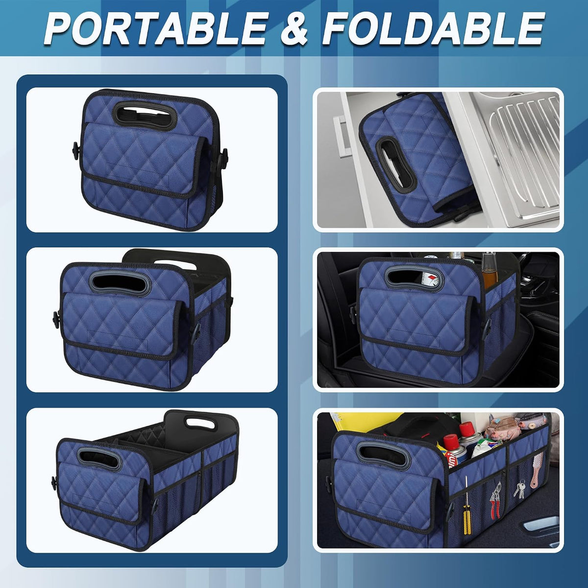 Deosk Car Trunk Organizer for SUV, Car Organizers and Storage with Reinforced Handles, Car Accessories for Women/Men 70L Waterproof Polyester Trunk Organizer(Large, Navy Blue)