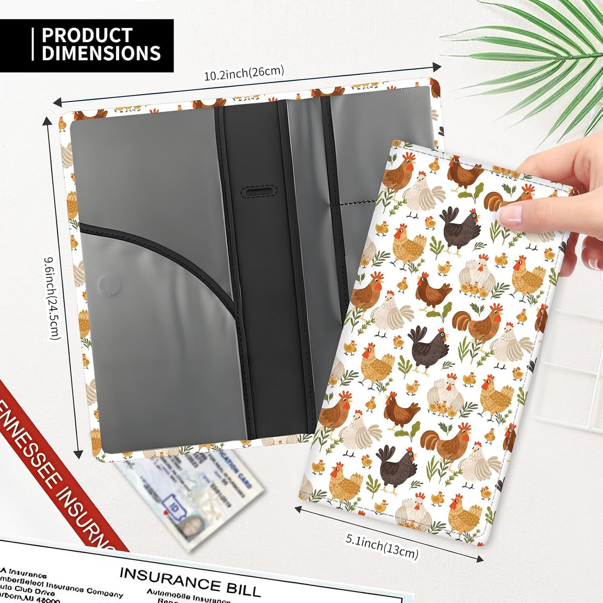 Leather Car Registration and Insurance Card Holder, Cute Car Accessories Vehicle Glove Box Car Organizer for Documents, Cards, License Boho Cute Chicken