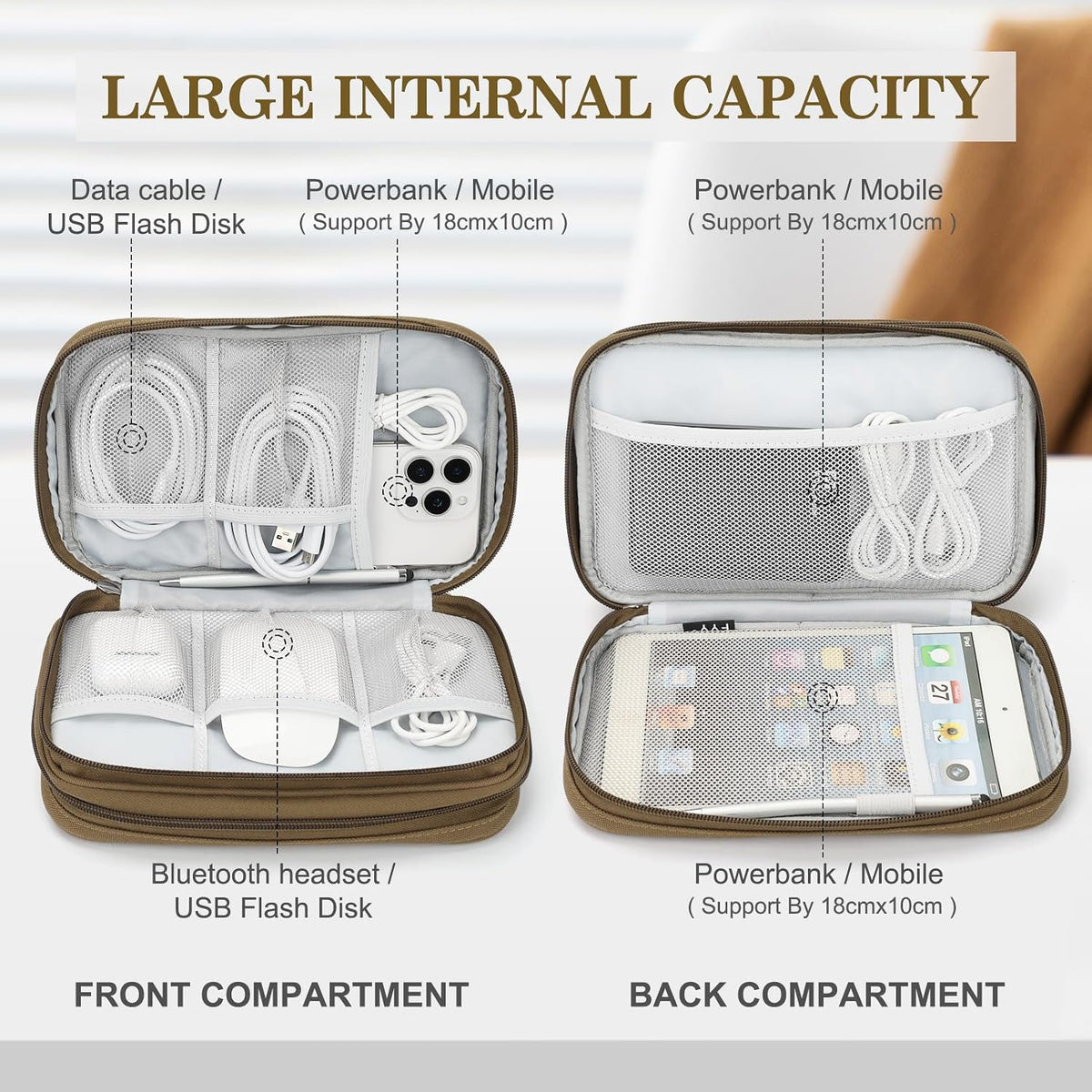 FYY Electronic Organizer, Travel Tech Pouch Bag, Large, Brown