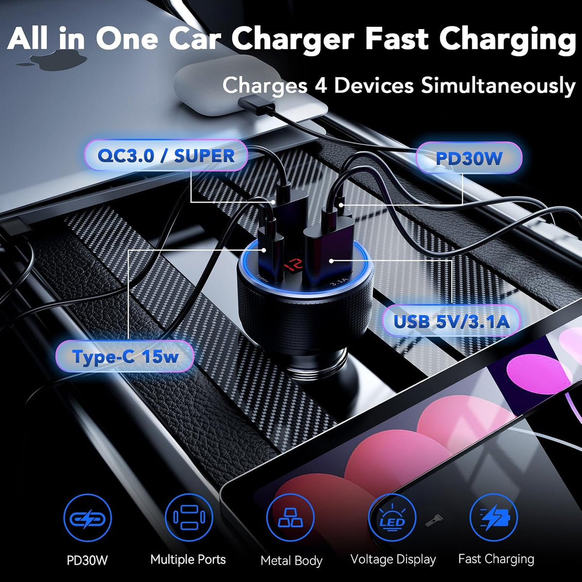 USB Car Charger, 2 Pack Cigarette Lighter USB Charger Aluminum Alloy Fast Charging Car Charger Adapter with Voltage Display Type C Car Accessories for iPhone 17 16 Samsung Galaxy Google iPad Android