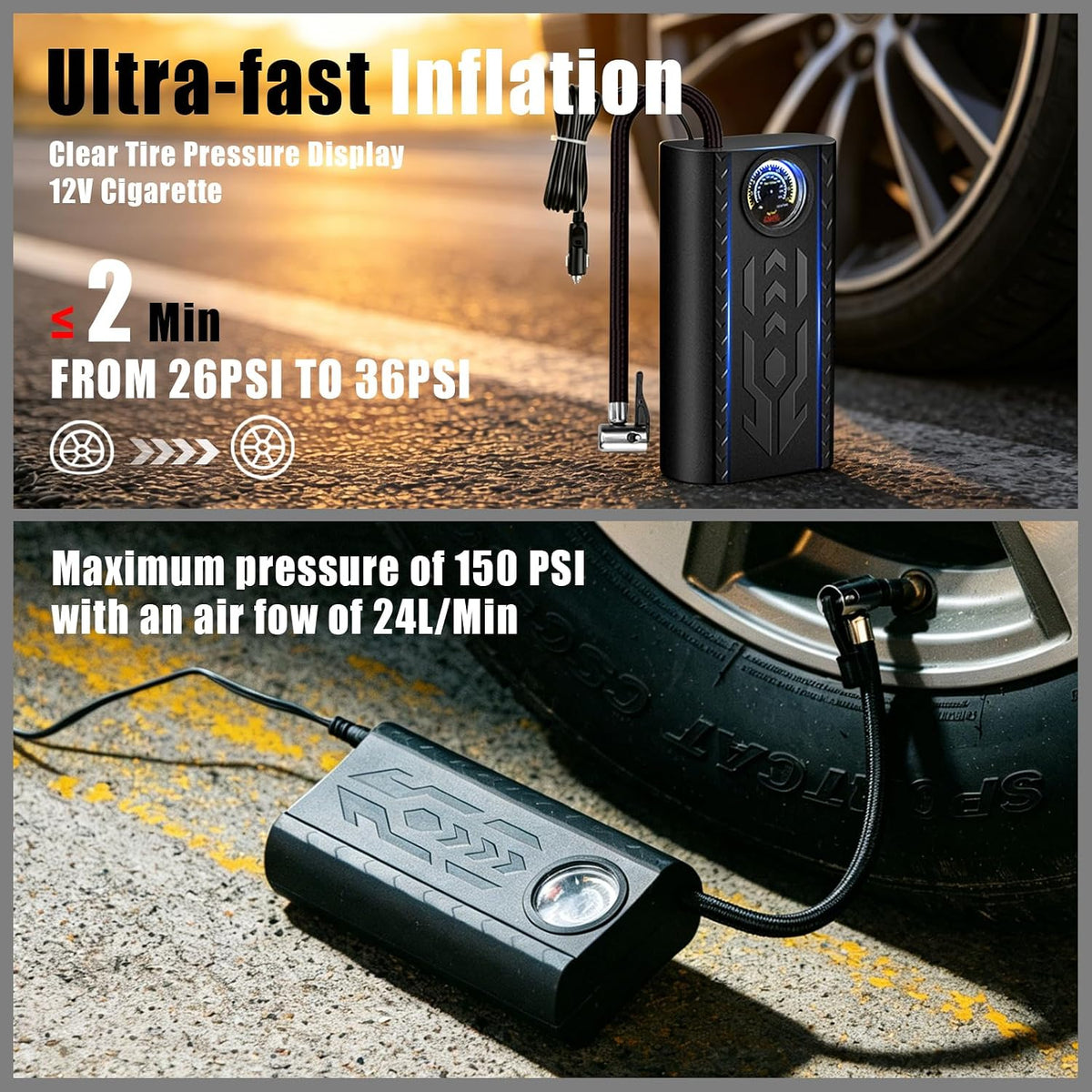 Car Roadside Emergency Kit, Portable Auto Air Compressor Tire Inflator, Jumper Cable, Car Emergency Kits for Teenagers, Black
