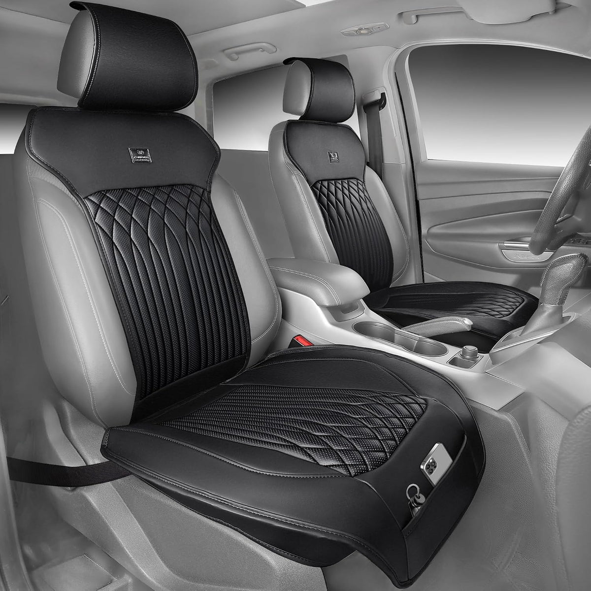 CAR PASS Car Seat Protector, Sideless Seat Covers for Cars, All Season Waterproof Nappa Leather Breathable Front Seats Cushion with Storage Pocket Universal Fit Vehicle Car SUV Truck, 2 Pack All Black