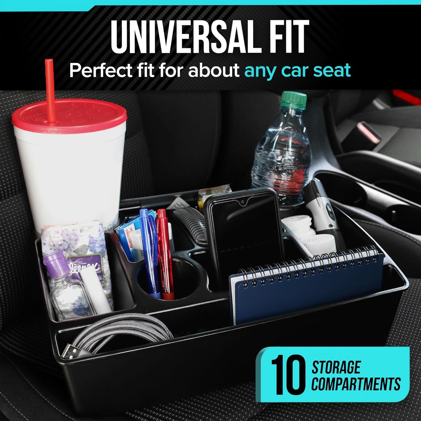 Moblorg Vehicle Seat Organizer Car Storage Caddy with Carrying Handle, 2 Large Cup Holders, 10 Compartments, Hidden Extra Storage, Fits Most Vehicles, Made in USA from Recycled Plastic