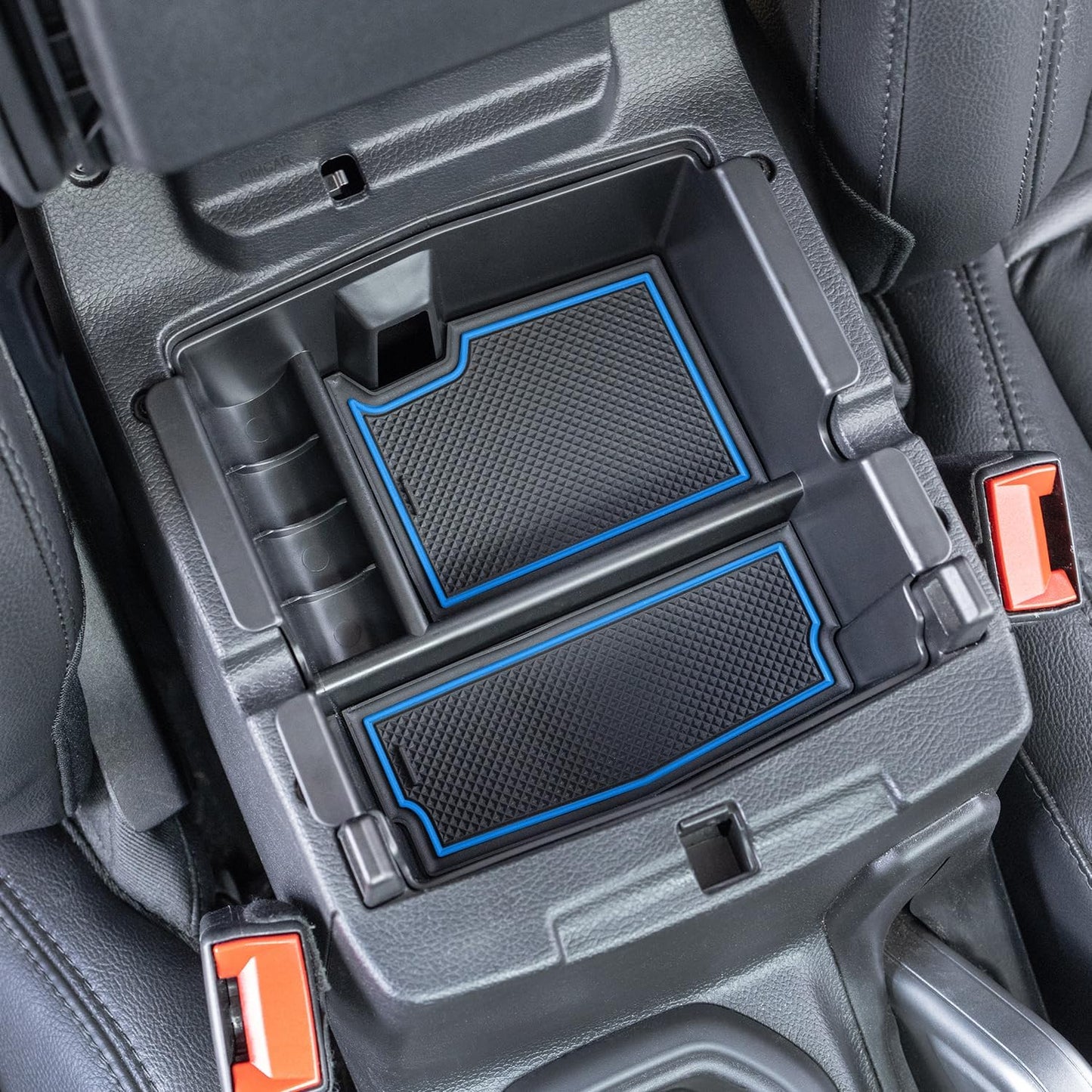 PIMCAR Center Console Organizer for Jeep Wrangler JL/JLU (2018-2026) & Gladiator JT (2020-2026) | Armrest Storage Tray | Interior Accessories (Not for JK/JKU) | Blue Liner Trim