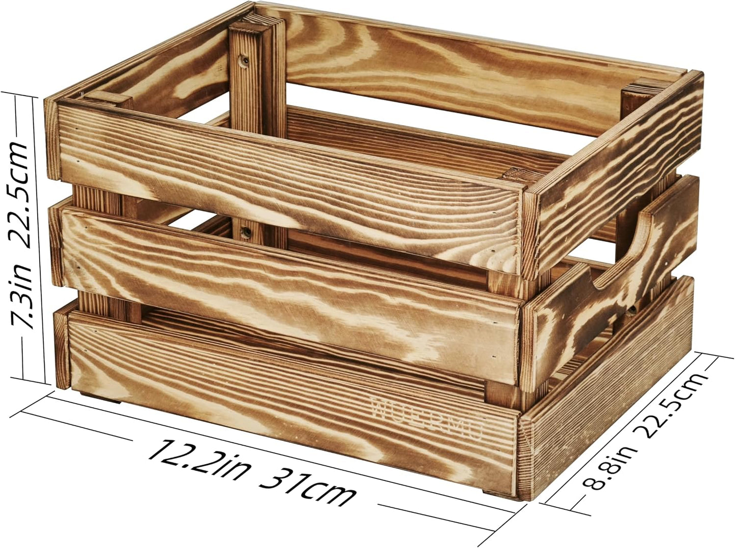 Flame-Treated Wood Crates, Rustic Brown Storage Boxes Set of 4 for Organization, Tool Storage, Wine or Camping, 12.2 Inch Multi-Purpose Crate.
