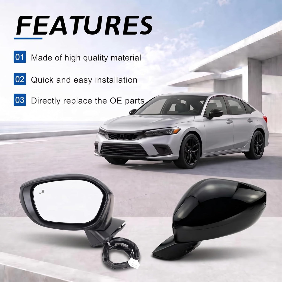 Left Driver Side Mirror Fits 2022-2026 HONDA CIVIC Sedan/Hatchback With Power Glass, Heated, Blind Spot Detection and Manual Folding Match to Crystal Black Pearl Replace HO1320351 (7 Pins)