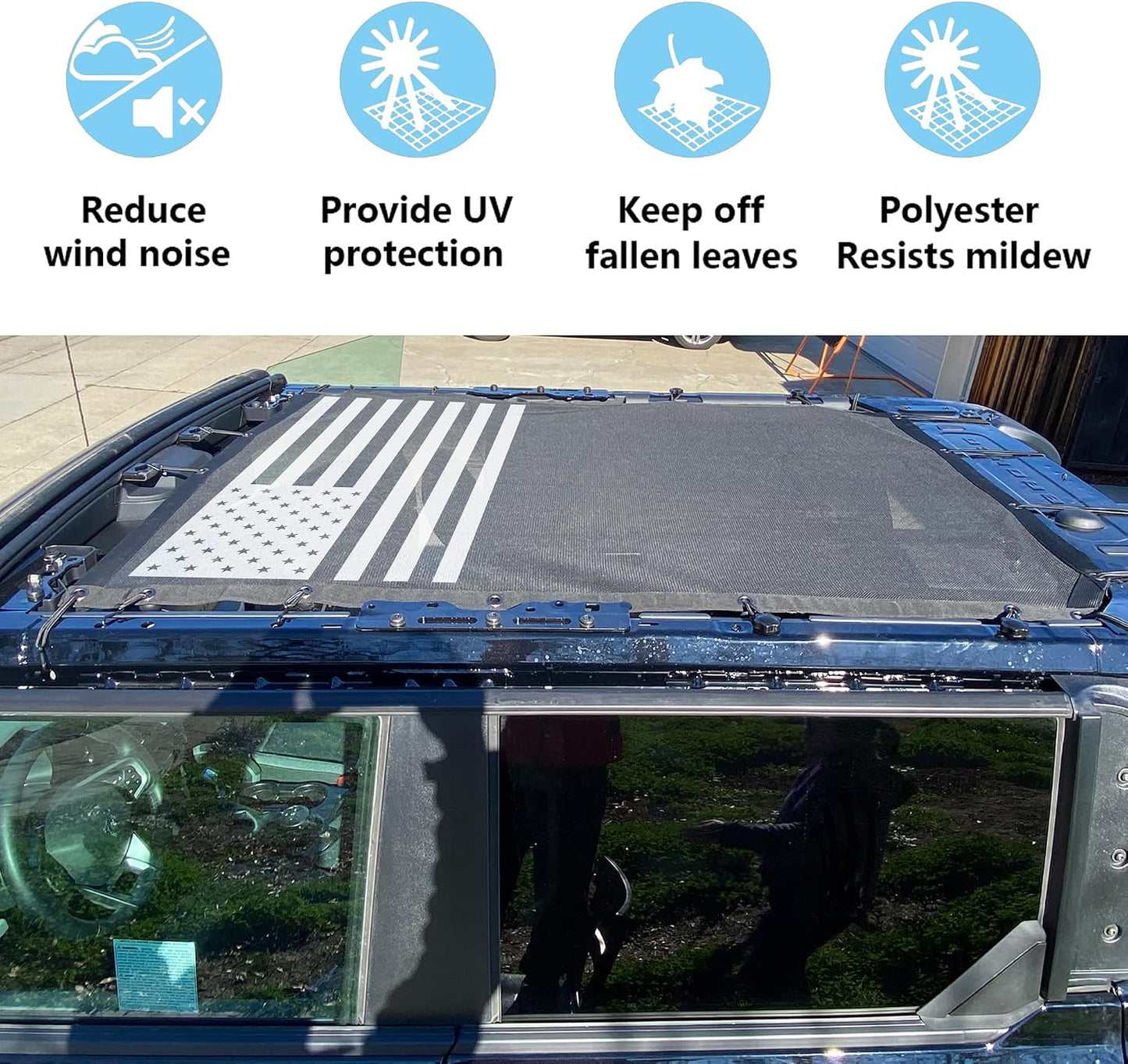 sukemichi Sunshade for Ford Bronco,Mesh Sun Shade Bikini Top Cover Bimini Top for Ford Bronco Accessories 2021 2022 2023 2024 2025 2026 4 Door - Blocks UV, Wind, Noise, (Flag)