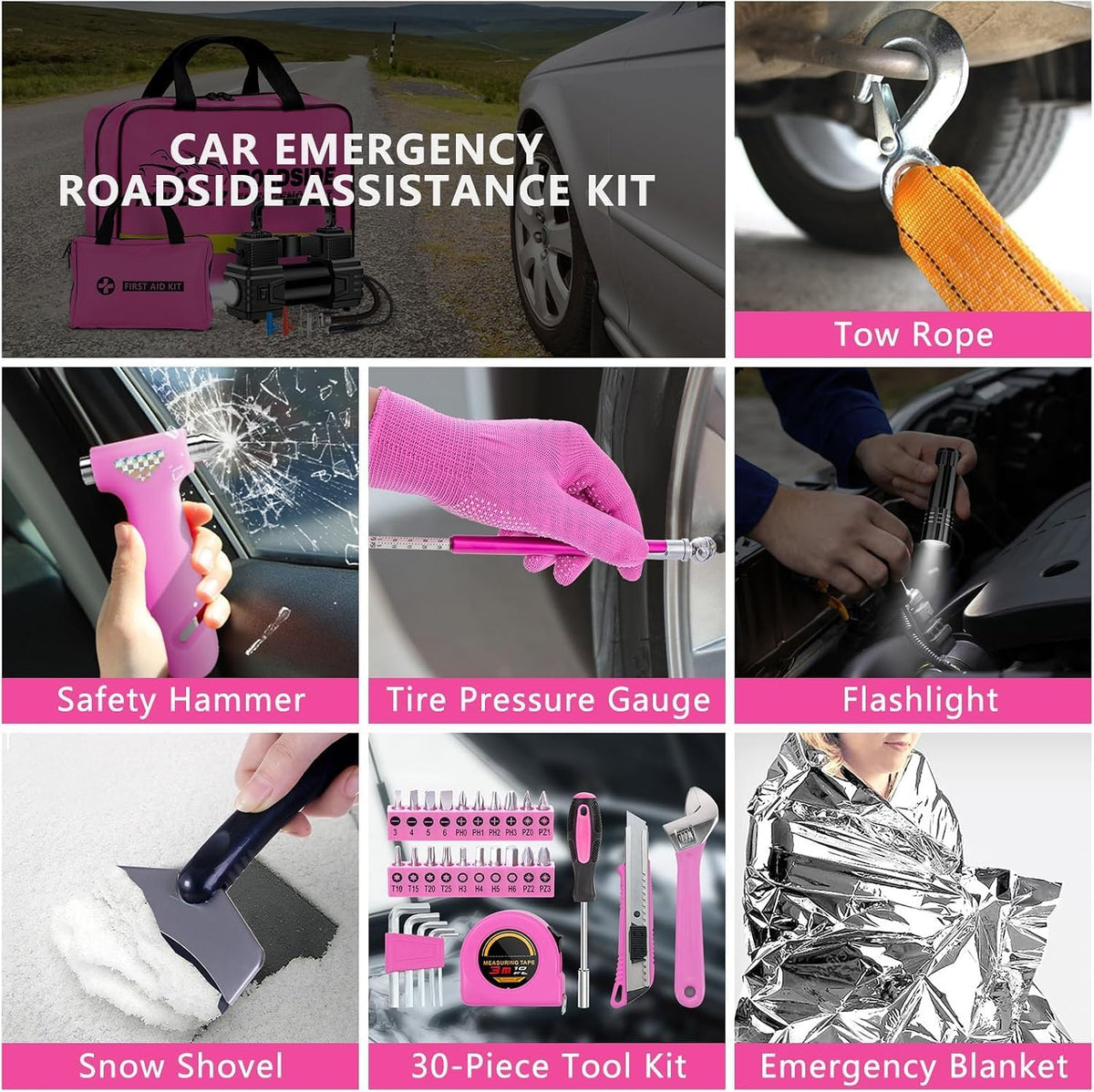 Car Emergency Kit with Portable Air Compressor - Roadside Assistance Emergency Kit with Jumper Cables, First Aid Kit, Auto Tool Set, Winter Safety Kit for Women, Men, Teen (Pink)