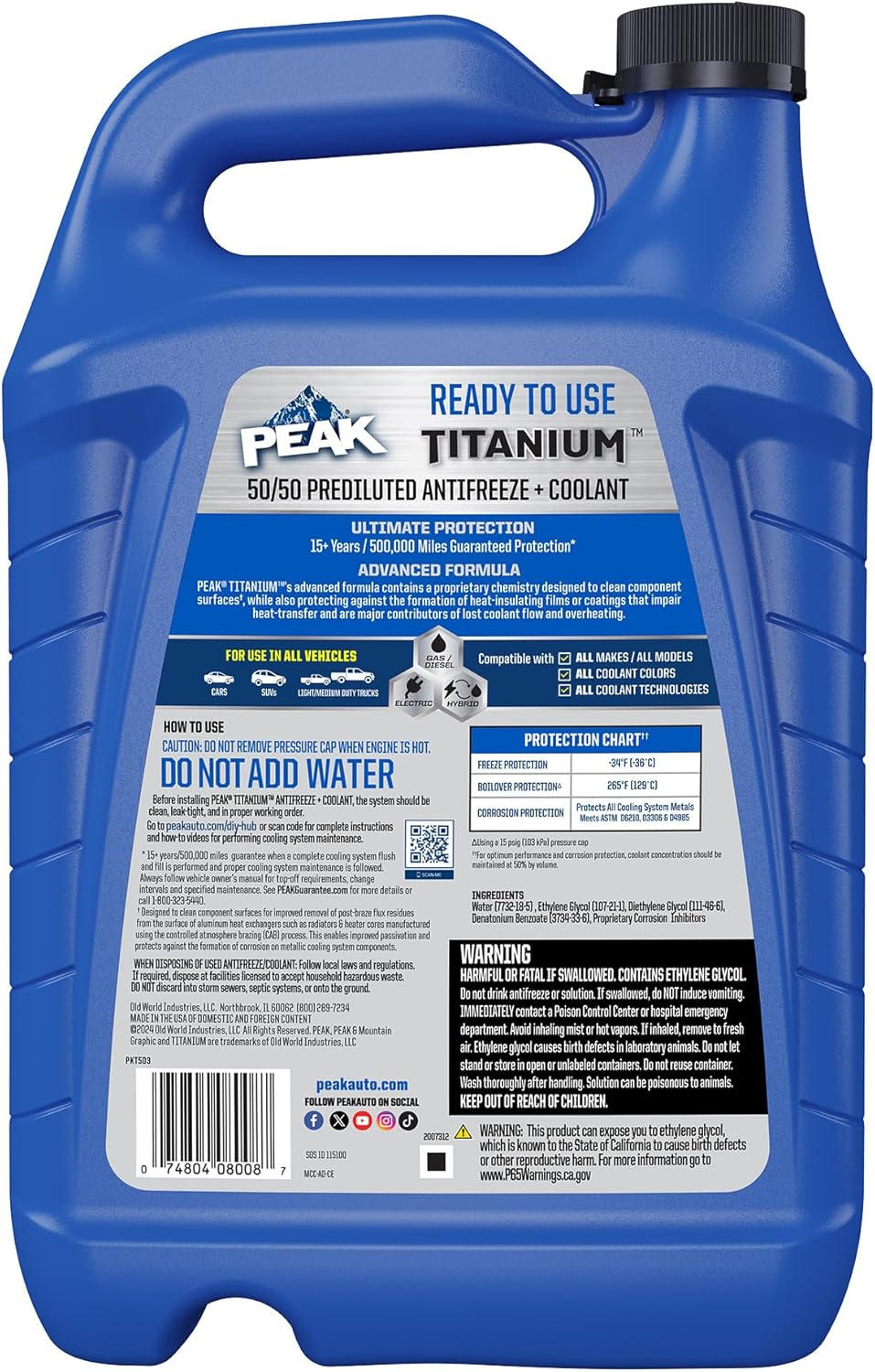 PEAK Titanium 50/50 Prediluted Antifreeze and Coolant for All Engine Cooling Systems, Long-Lasting Yellow Engine Coolant/Antifreeze for Lifetime Engine Protection in All Vehicles, 1 Gal.
