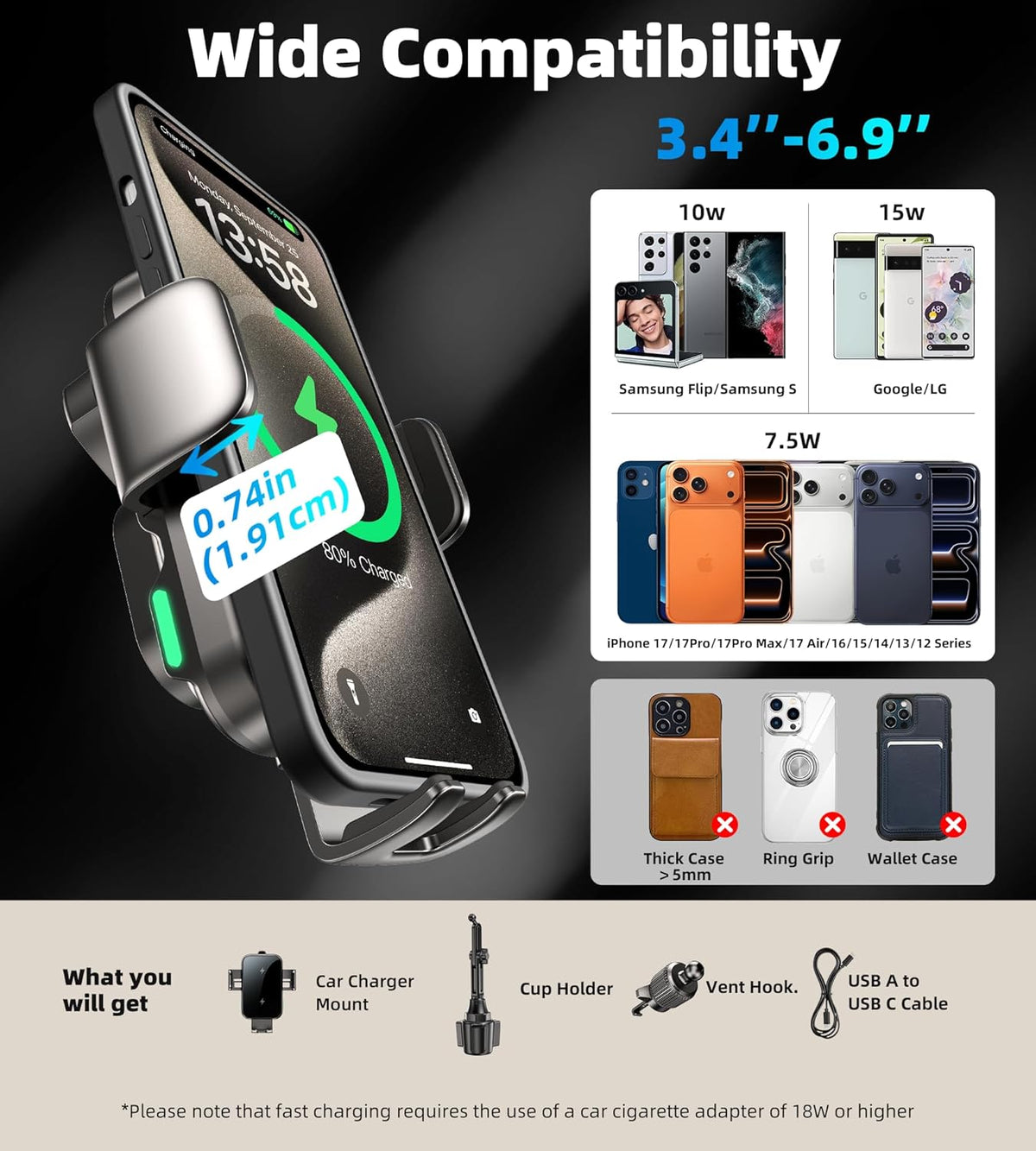 Dual Coil 15W Cup Phone Holder Mount, Wireless Car Charger Auto-Clamping Fast Charging Vent Phone Holders for Your Car for iPhone Duo/18/17/16/15/14/13/12/11 Series, Samsung Flip S25 S24 S23 S22 Ultra