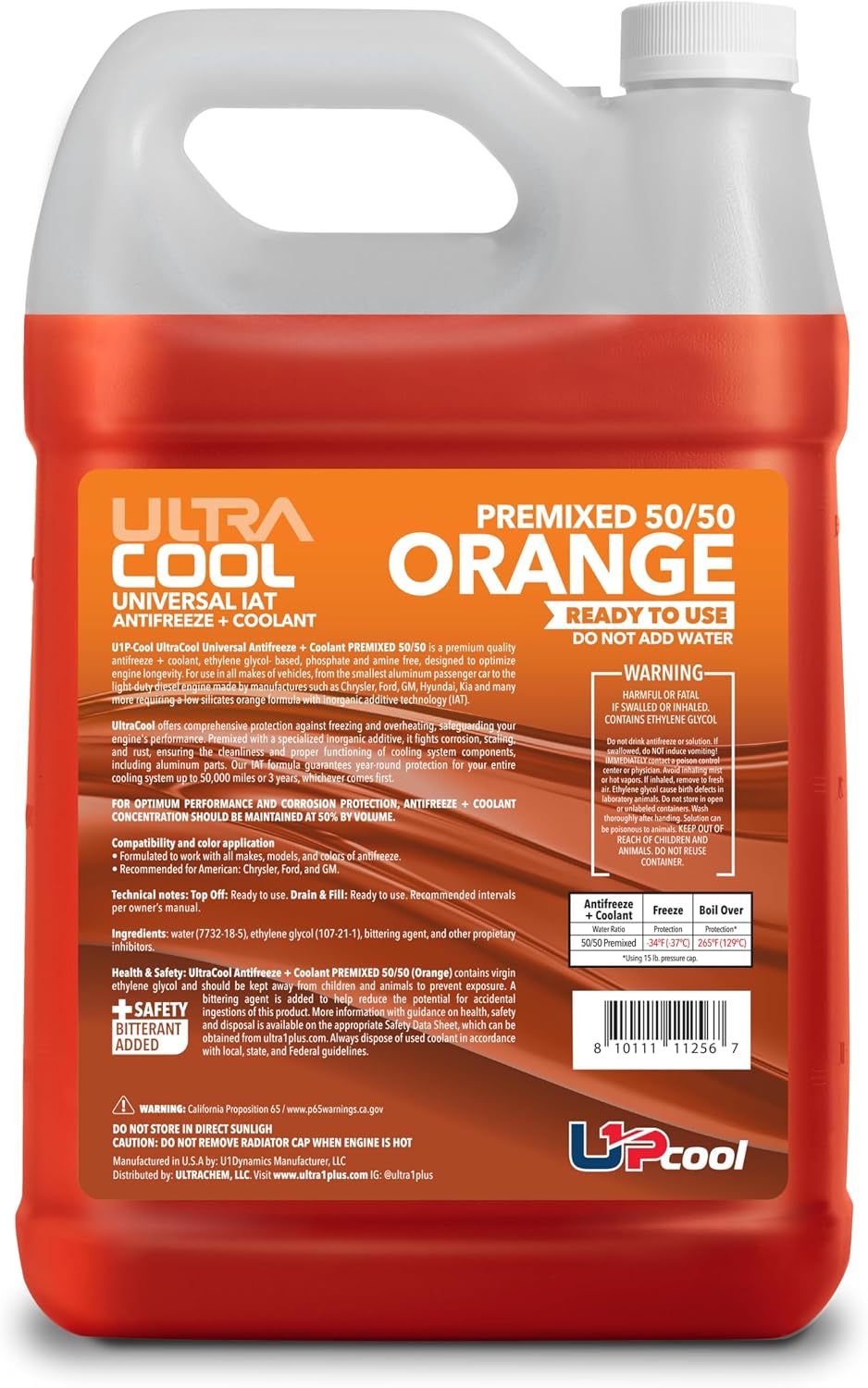 ULTRA 1PLUS Antifreeze Coolant - Universal Premixed 50/50 Orange - Ready to use Engine coolant - Gallon 4 QTS