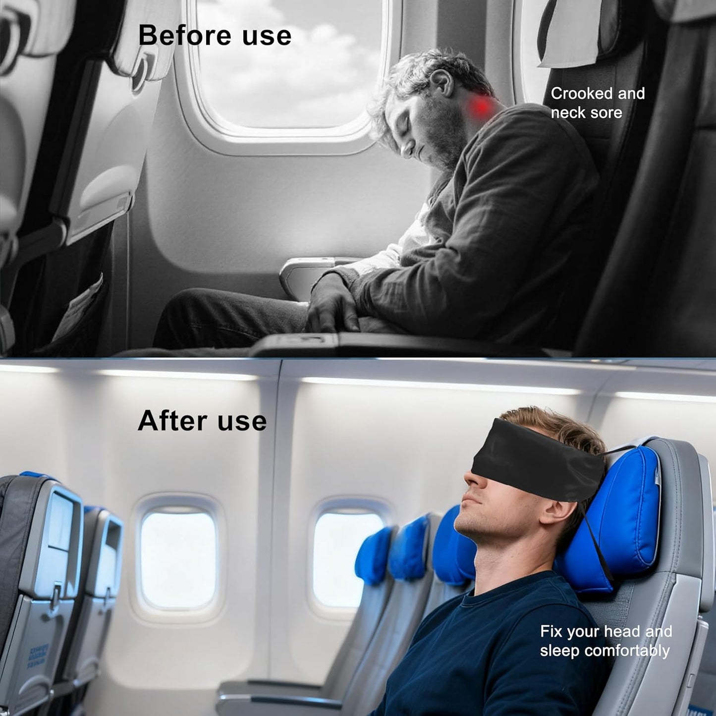 Travel Pillows for Airplanes, 2 Pack Airplane Head Strap with Silk Eye Mask for Sleeping, Long Flights & Car Road Trips 360°Headrest Neck Support, Stops Bobbing, Small & Compact (Black)