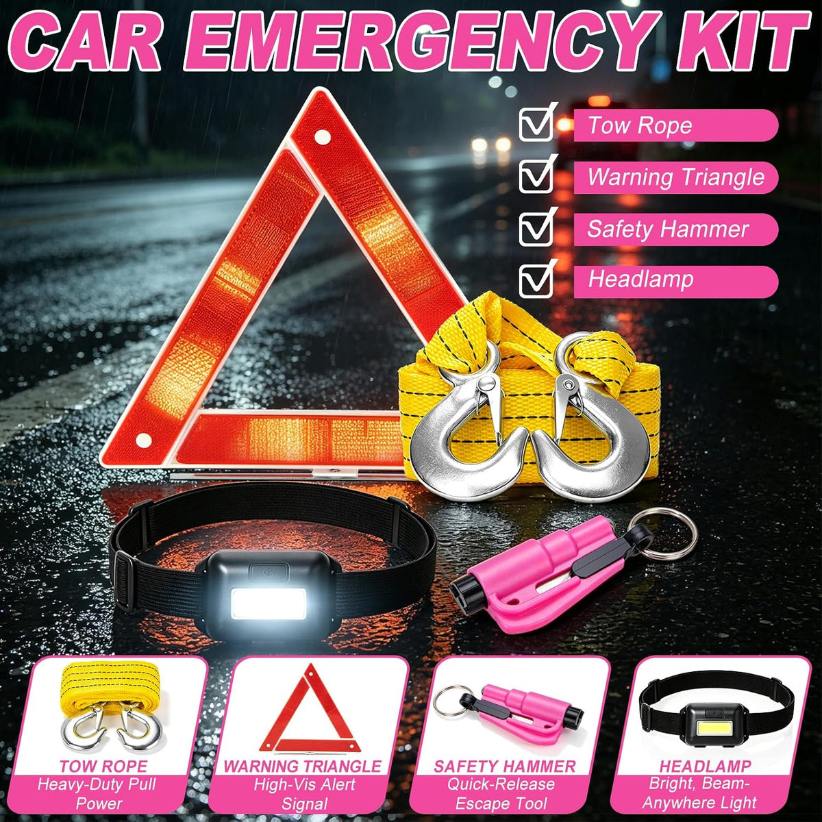 Car Emergency Kit with Portable Air Compressor, Jumper Cables, Tow Straps – Roadside Emergency Safety Tool for Vehicles, Trucks, SUVs Pink