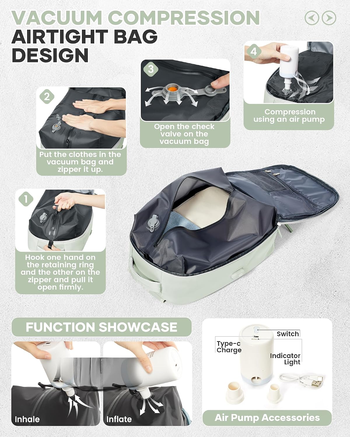 Vacuum Seal Backpack for Travel with Air Pump Vacpack Carry on Flight Approved Compression Daypack Laptop Space Saver Bags Storage with Vacuum System 18x14x8 inches Travel Bag Women MintGreen