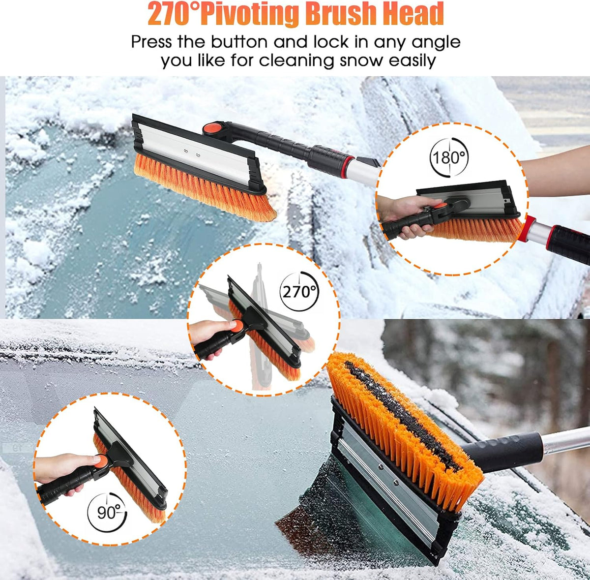 FOVAL 62.4" Extendable Ice Scraper Snow Brush with Squeegee for Windshield Window Car Trucks SUVs, 270° Pivoting Brush Head, Essential Winter Tool Ice Snow Remover with Comfortable Foam Grip