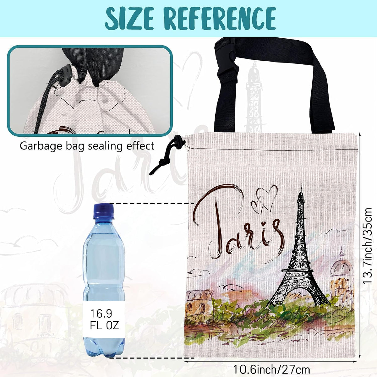 Car Garbage Bag Eiffel Tower Paris Drawstring Car Trash Bag Hanging for Back Seat with Adjustable Buckle Canvas Vehicle Trash Can Easy-to-Install