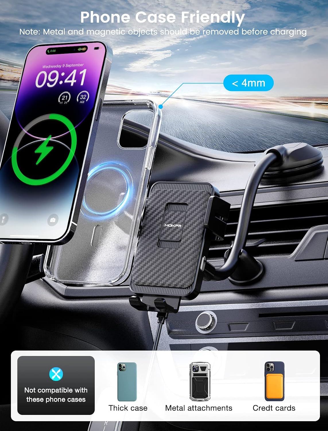 Wireless Car Charger, MOKPR 15W Fast Charging Car Mount Auto-Clamping Car Charger, Dashboard Windshield Phone Holder Compatible with iPhone 16 15/14/13/13 Pro/12 Pro12/11/X, Samsung S23/S22/S10/S9/S8