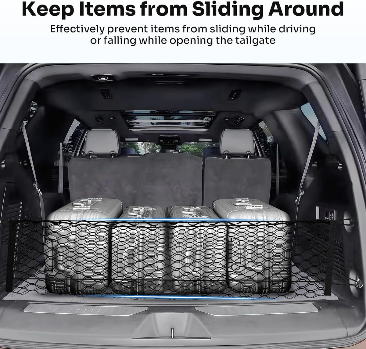 Canvcle Cargo Net for Chevy Suburban Tahoe GMC Yukon&Yukon XL Cadillac Escalade 2021–2025 2026 Envelope Style Heavy Duty Elastic Mesh Trunk Cargo Organizer Easy Install Storage Net with Hooks