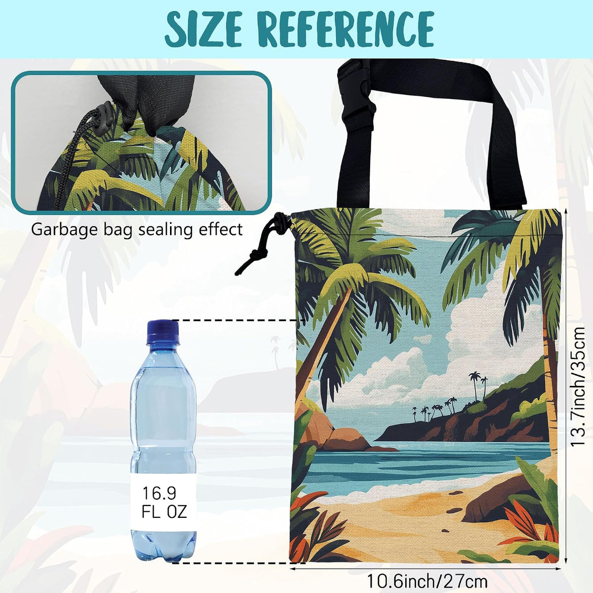Car Garbage Bag Tropical Beach Palm Trees Drawstring Car Trash Bag Hanging for Back Seat with Adjustable Buckle Canvas Vehicle Trash Can Easy-to-Install